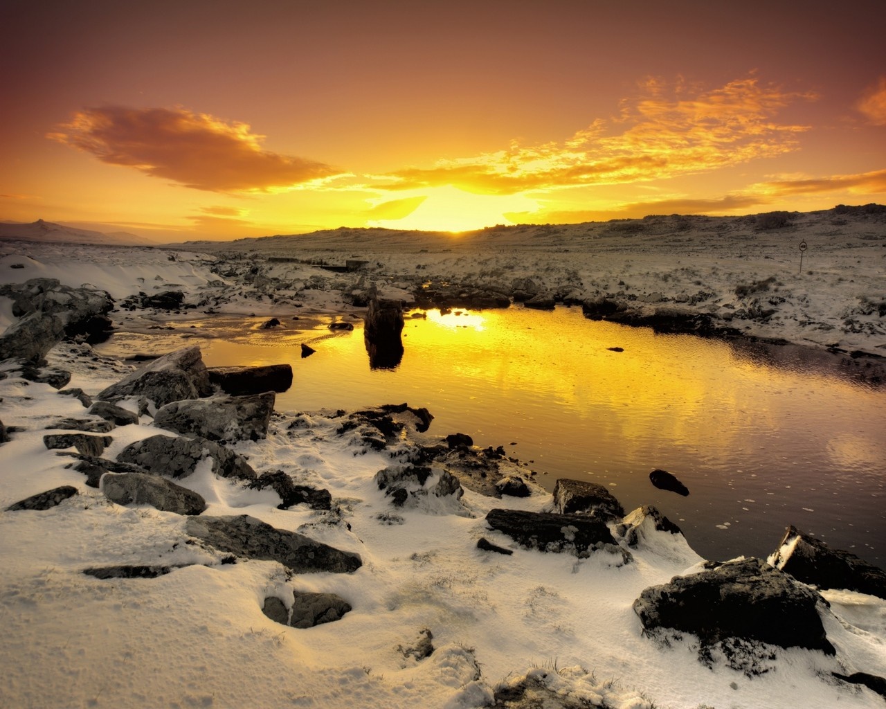 Snowy landscape with pond at sunset HD Wallpaper