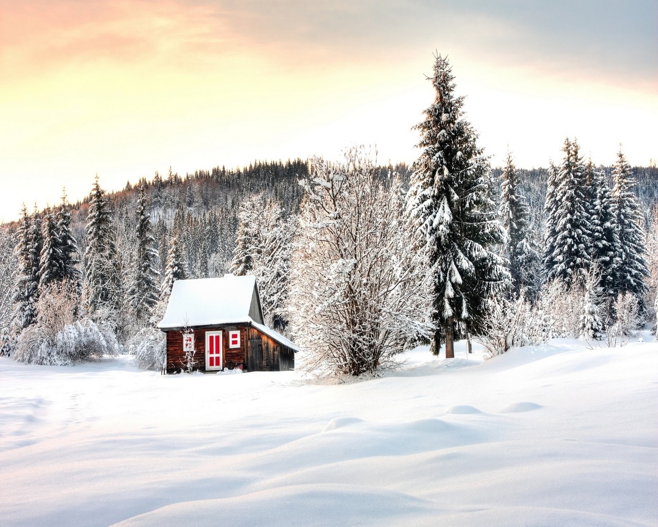 Snowy cabin in a winter forest landscape HD Wallpaper