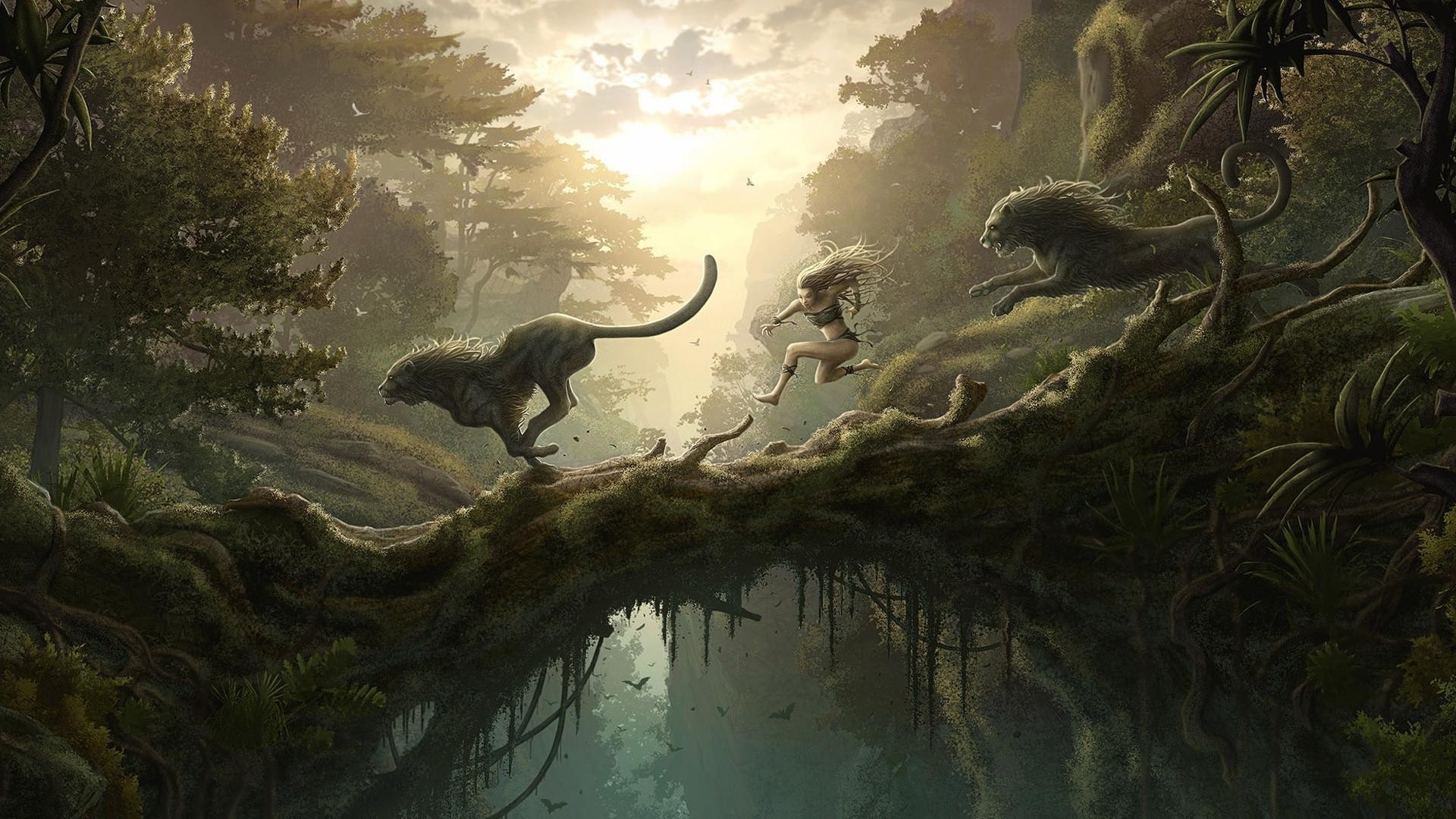 Girl running from panthers on a mossy log bridge HD Wallpaper