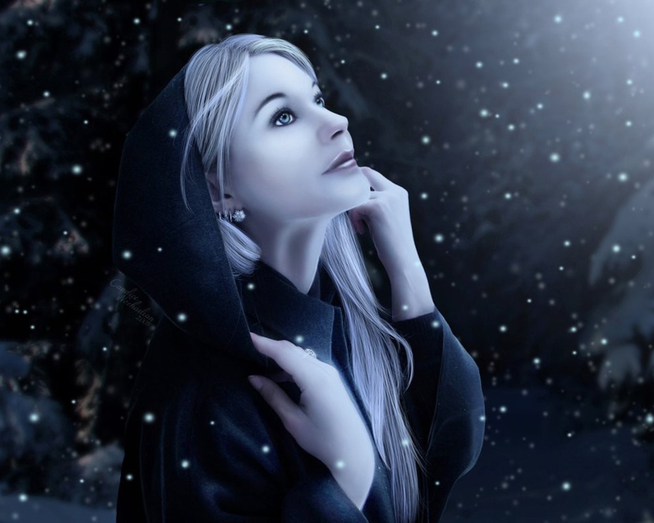 Woman in black hood looking up at stars HD Wallpaper