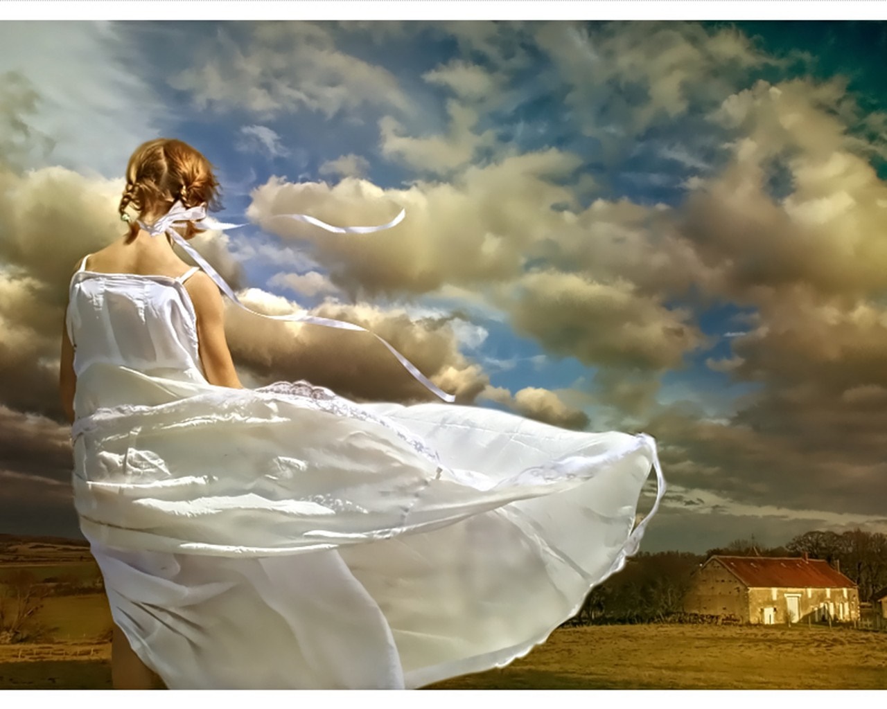 Woman in white dress in a field with dramatic clouds HD Wallpaper