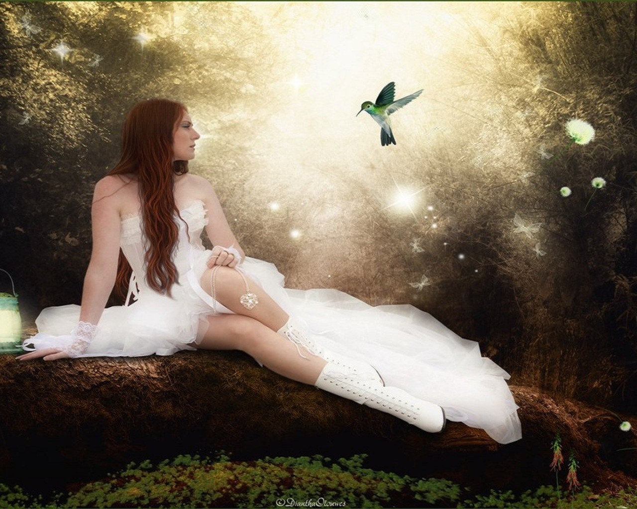 Woman in white dress with hummingbird in forest HD Wallpaper
