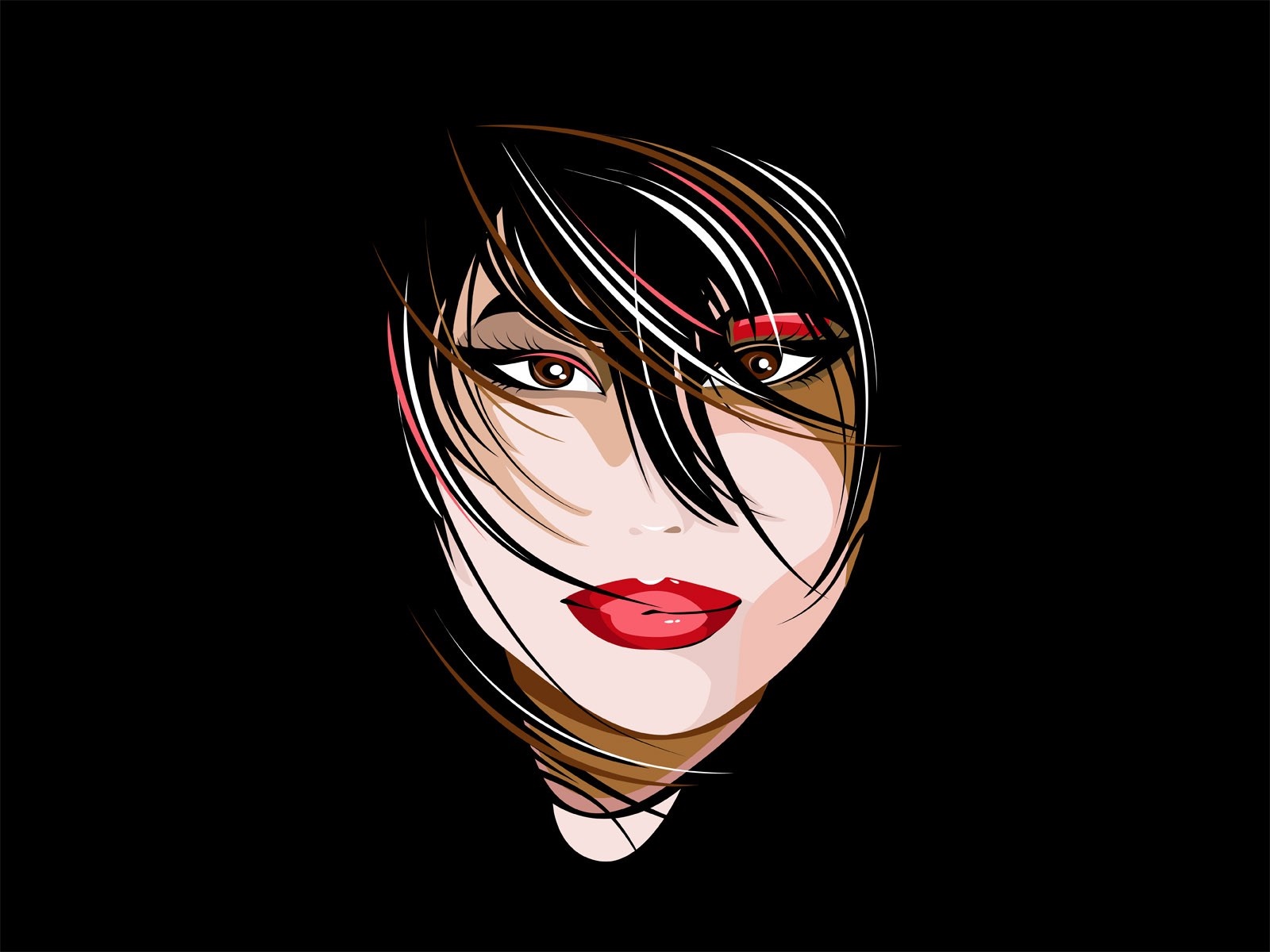 Illustration of a woman's face with dark hair and red lipstick HD Wallpaper