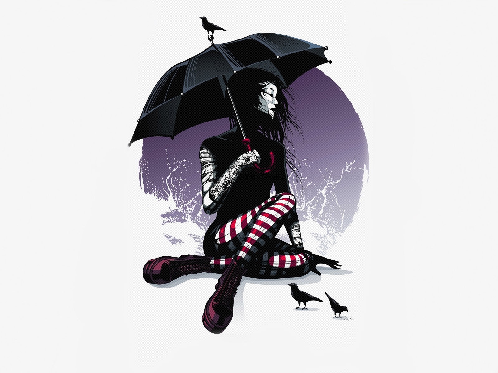 Gothic girl with umbrella and crows HD Wallpaper
