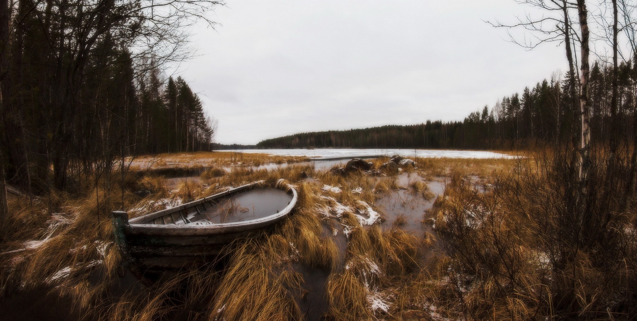Old boat in a marshy wetland with a frozen lake and forest HD Wallpaper