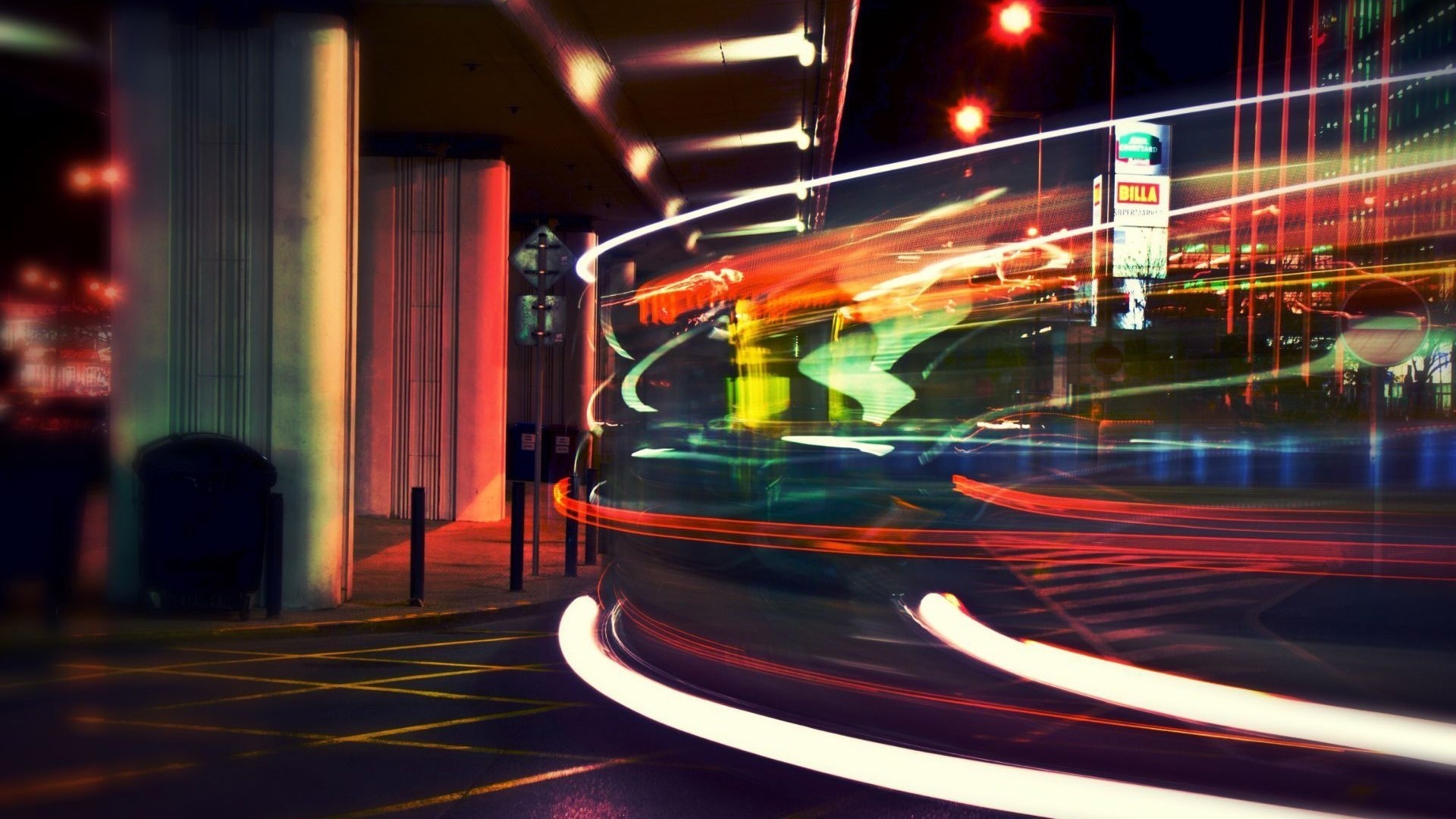 City street at night with light trails HD Wallpaper