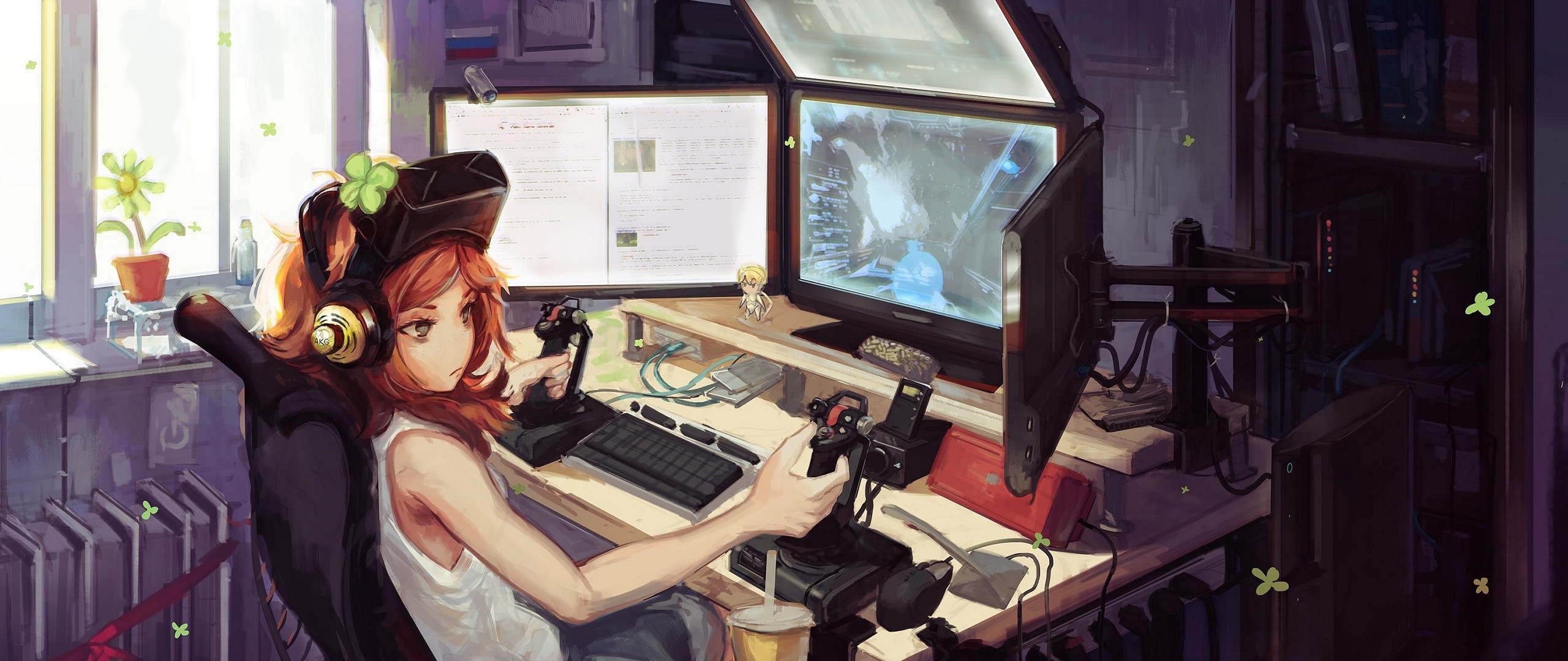Vivian James playing a video game with VR headset and joysticks HD Wallpaper