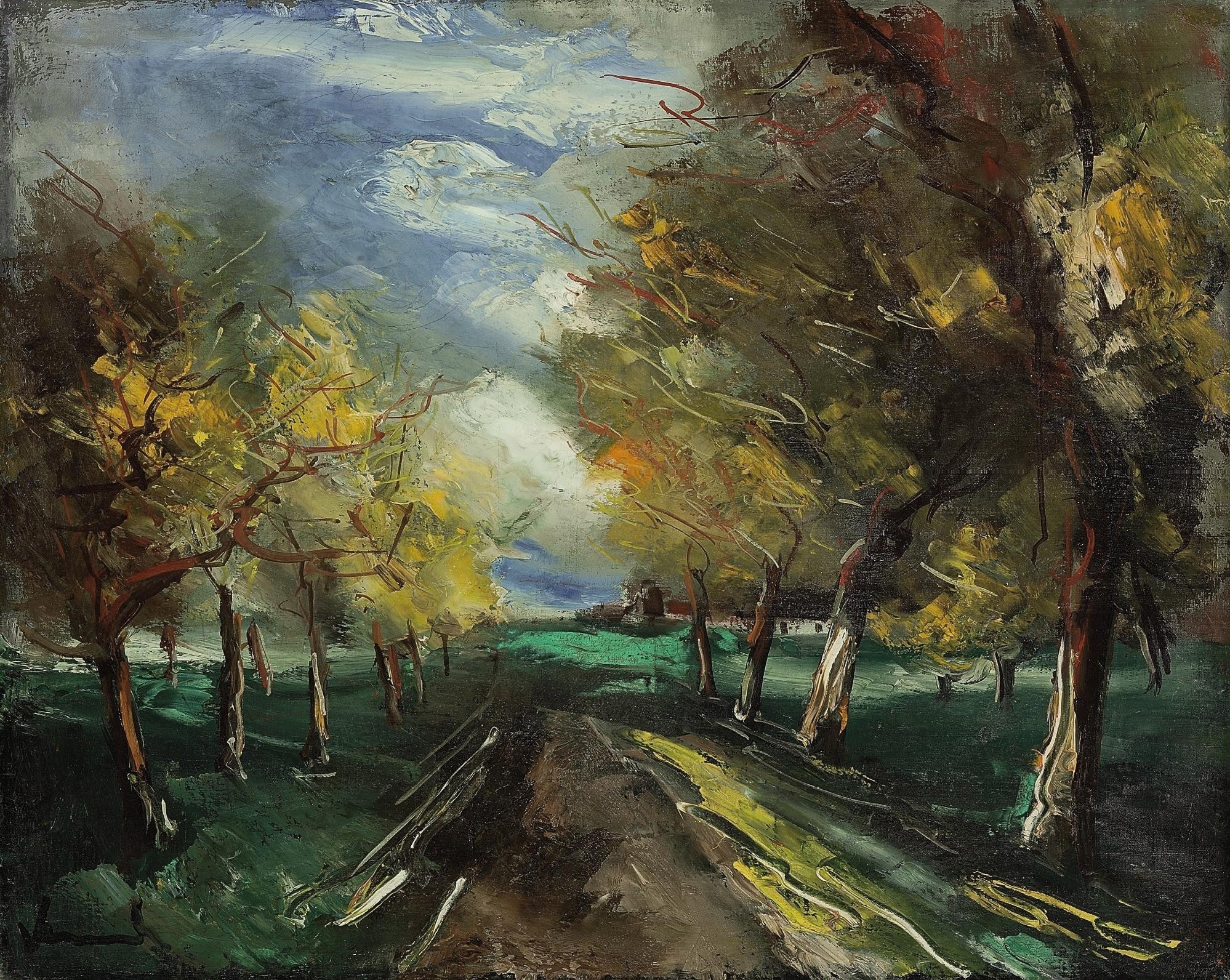Painting of a tree-lined path with a house in the distance HD Wallpaper