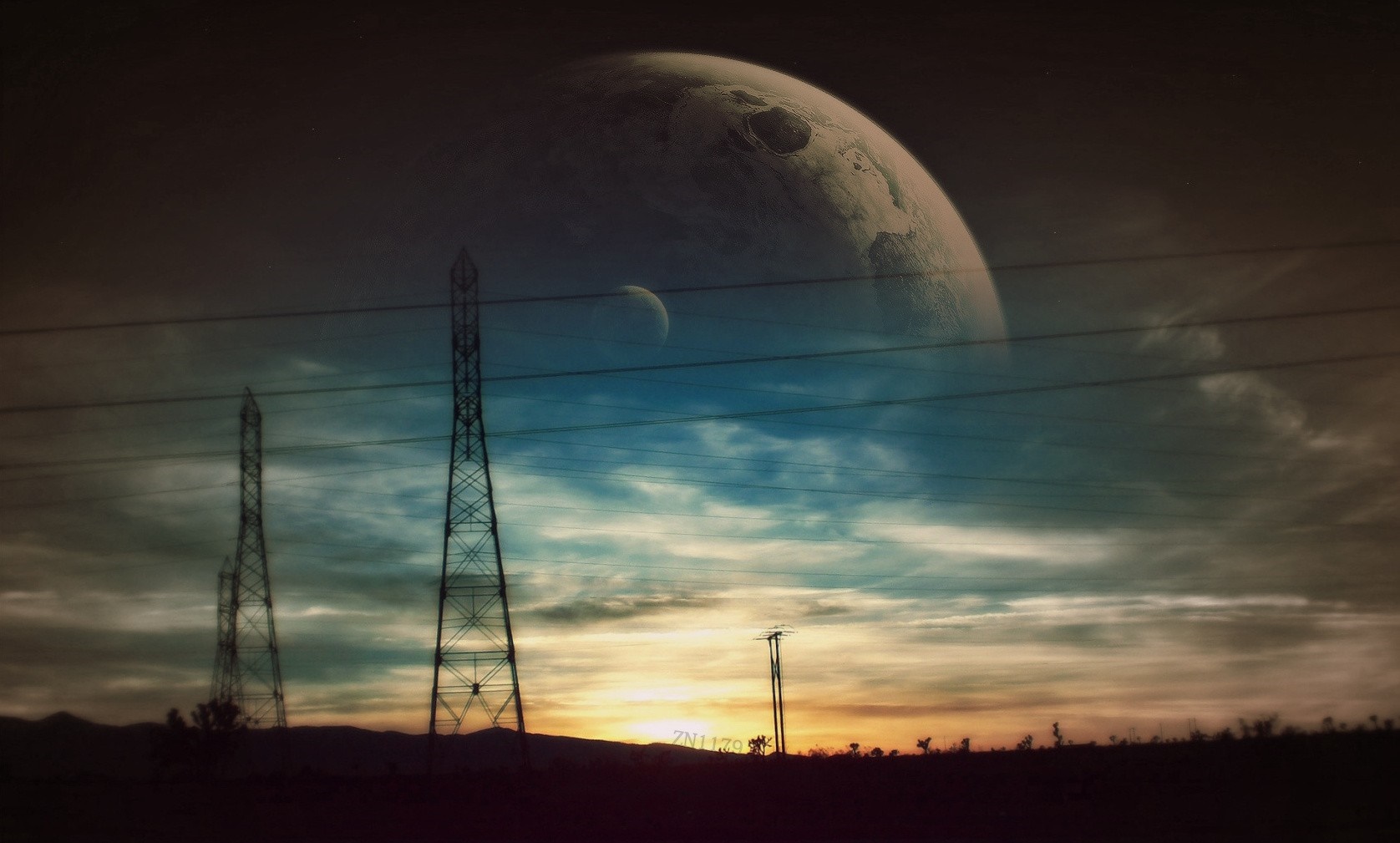 Planet and moon over power lines at sunset HD Wallpaper