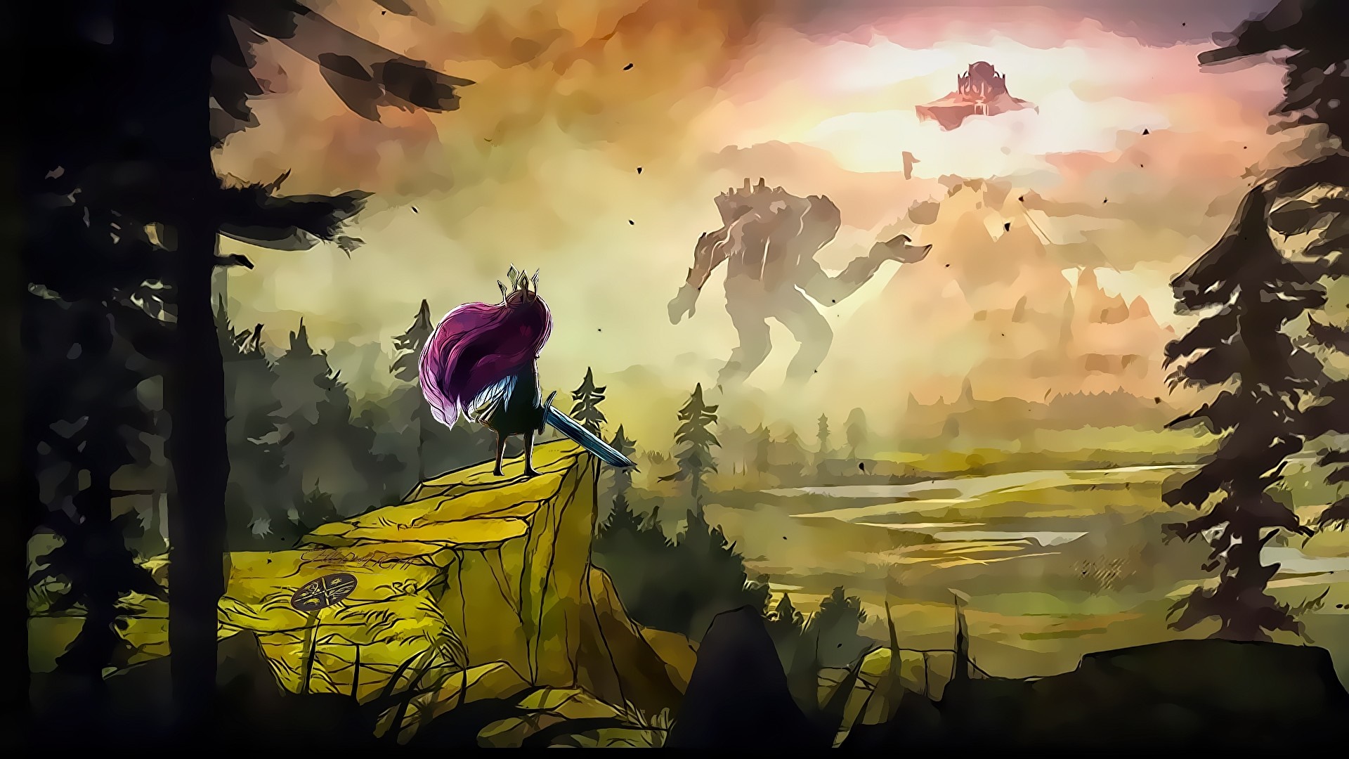 Illustration of a girl facing a giant in a fantasy landscape HD Wallpaper