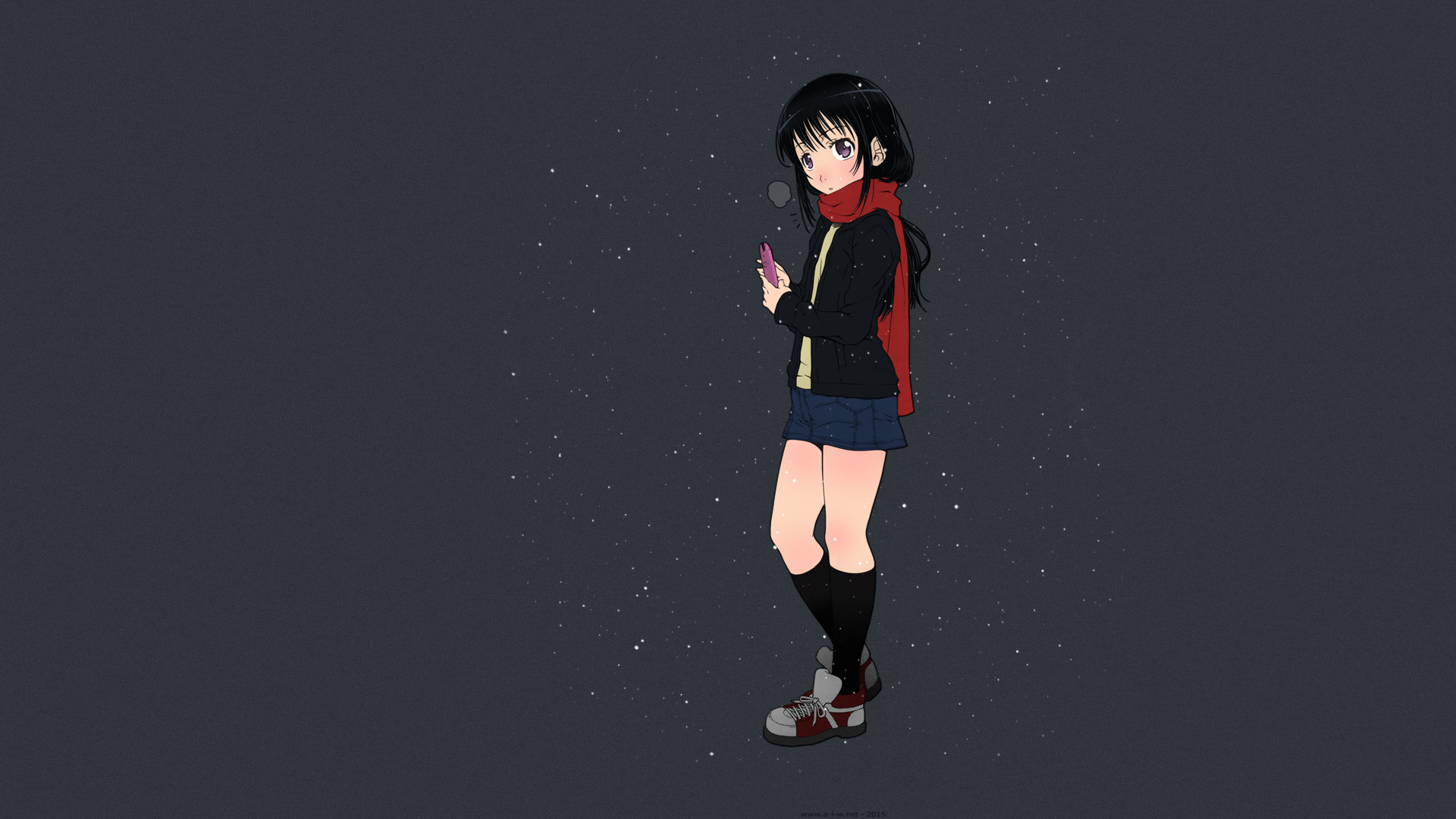Anime girl with black hair and red scarf HD Wallpaper
