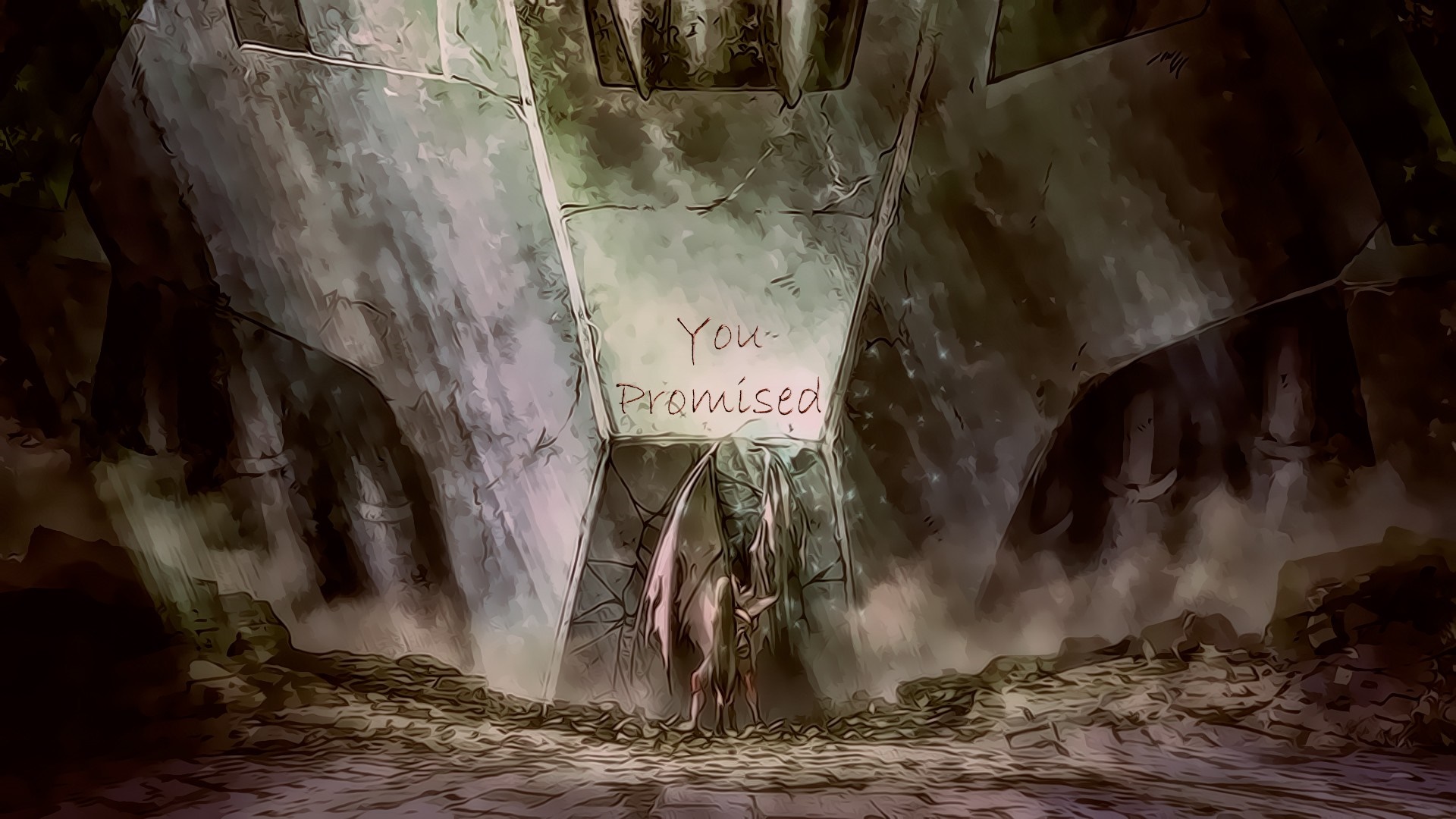Dragon creature in a cave with text HD Wallpaper