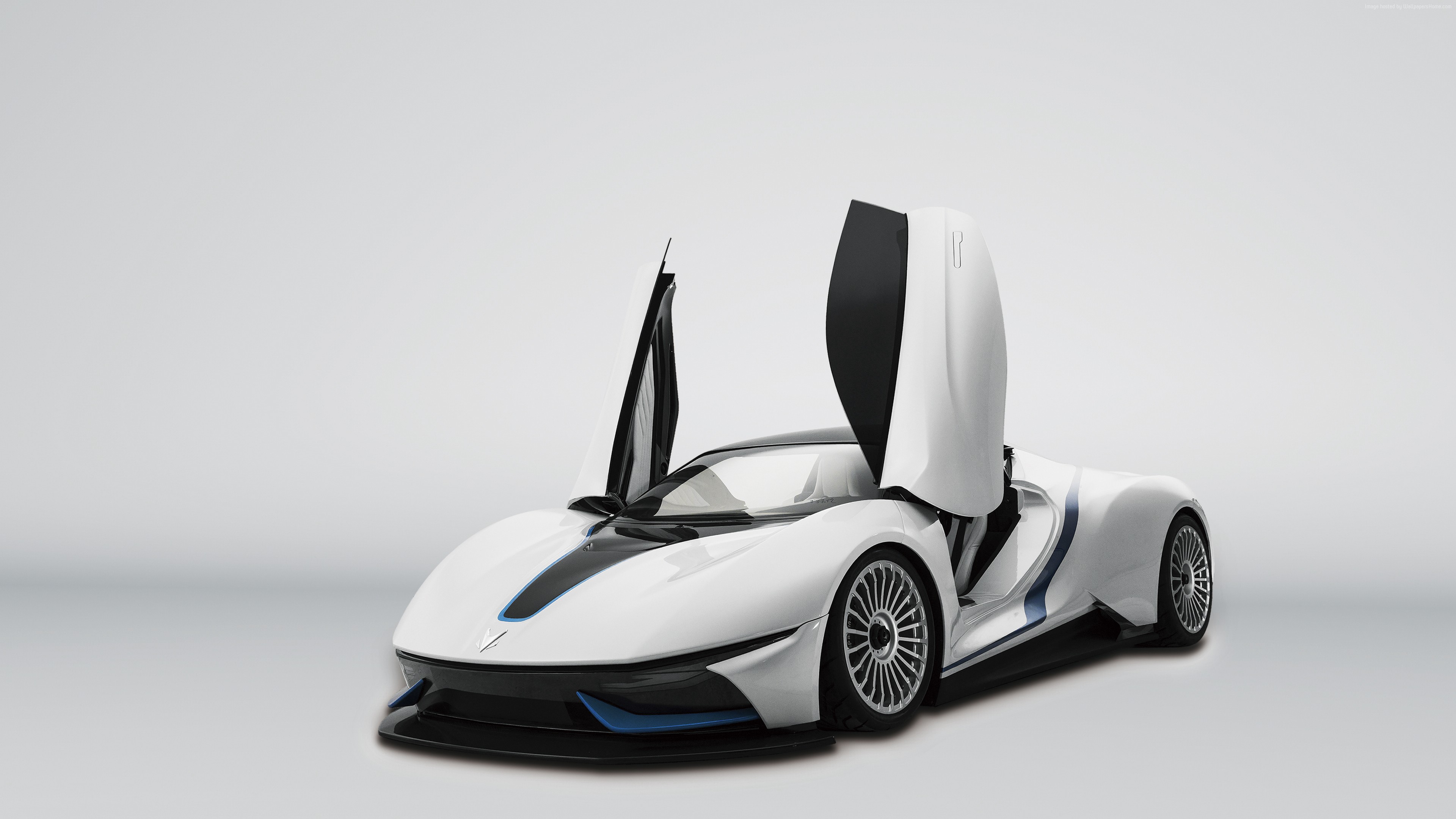 White BAIC Arcfox-7 electric supercar with doors open HD Wallpaper