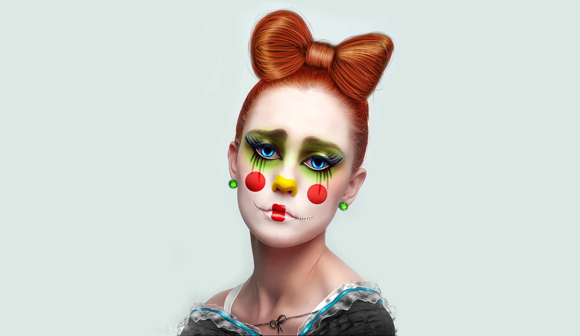 Woman with clown makeup and red bow hairstyle HD Wallpaper