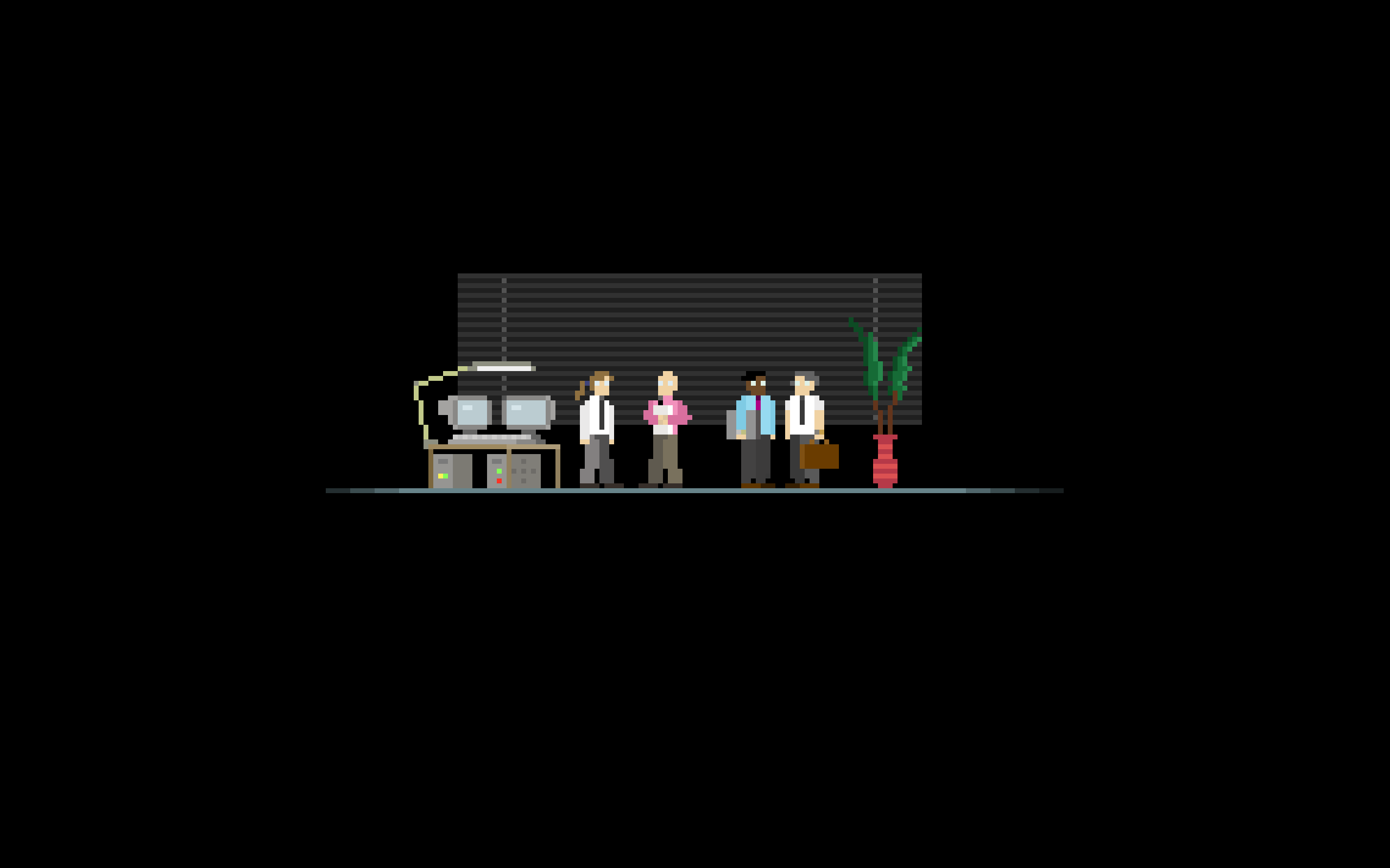 Pixel art office scene with people and computers HD Wallpaper