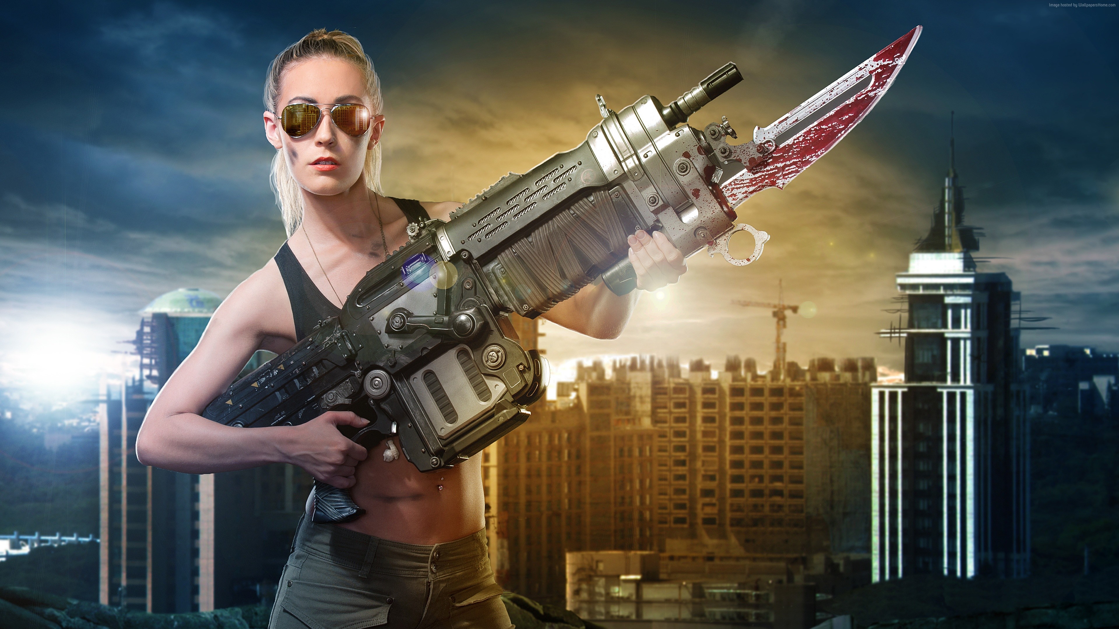 Woman with sci-fi weapon in city HD Wallpaper