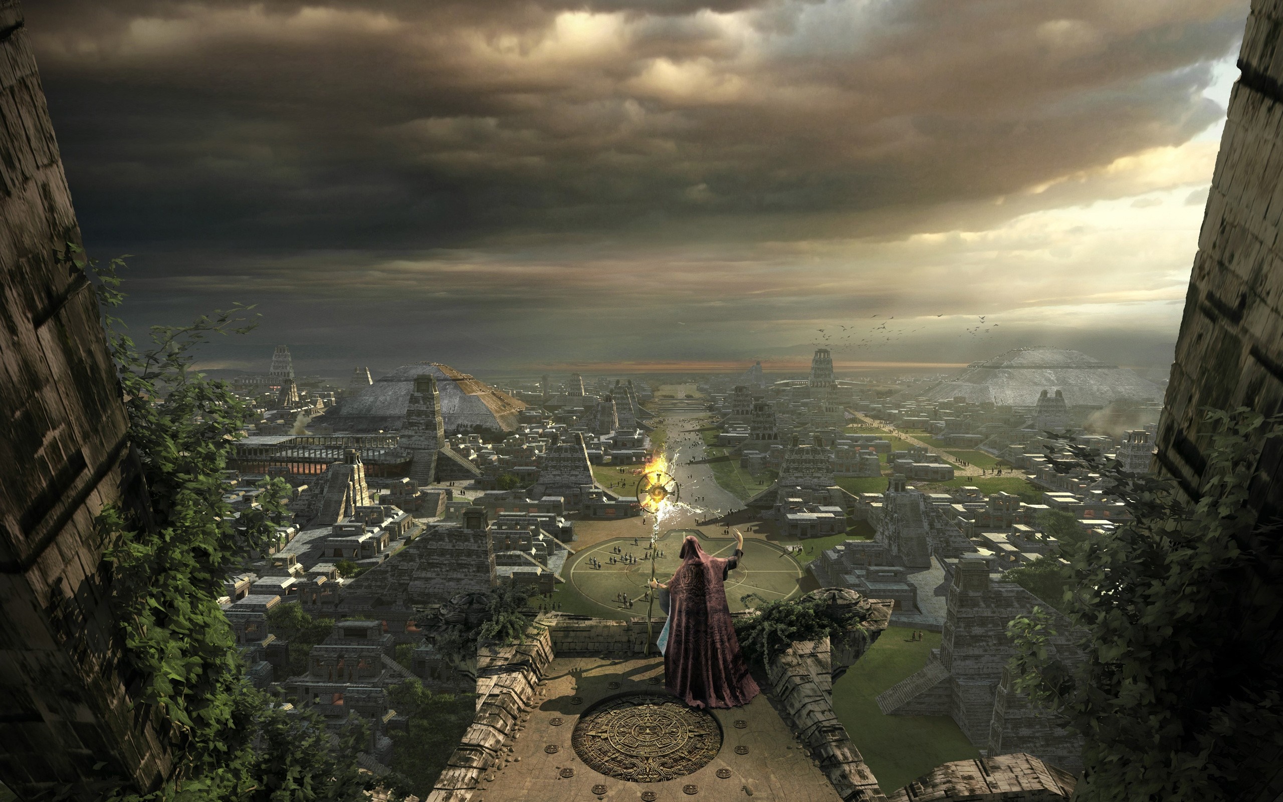 Fantasy city with pyramids and a wizard HD Wallpaper