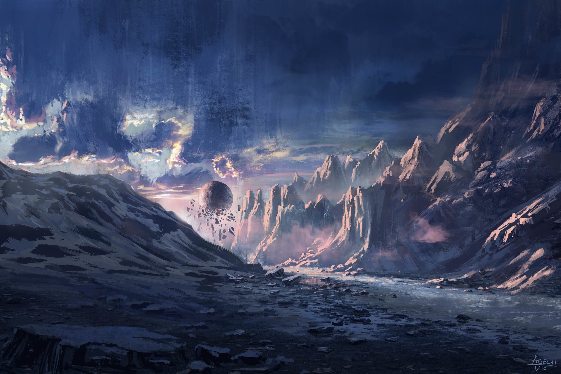 Fantasy landscape with floating debris and mountains HD Wallpaper
