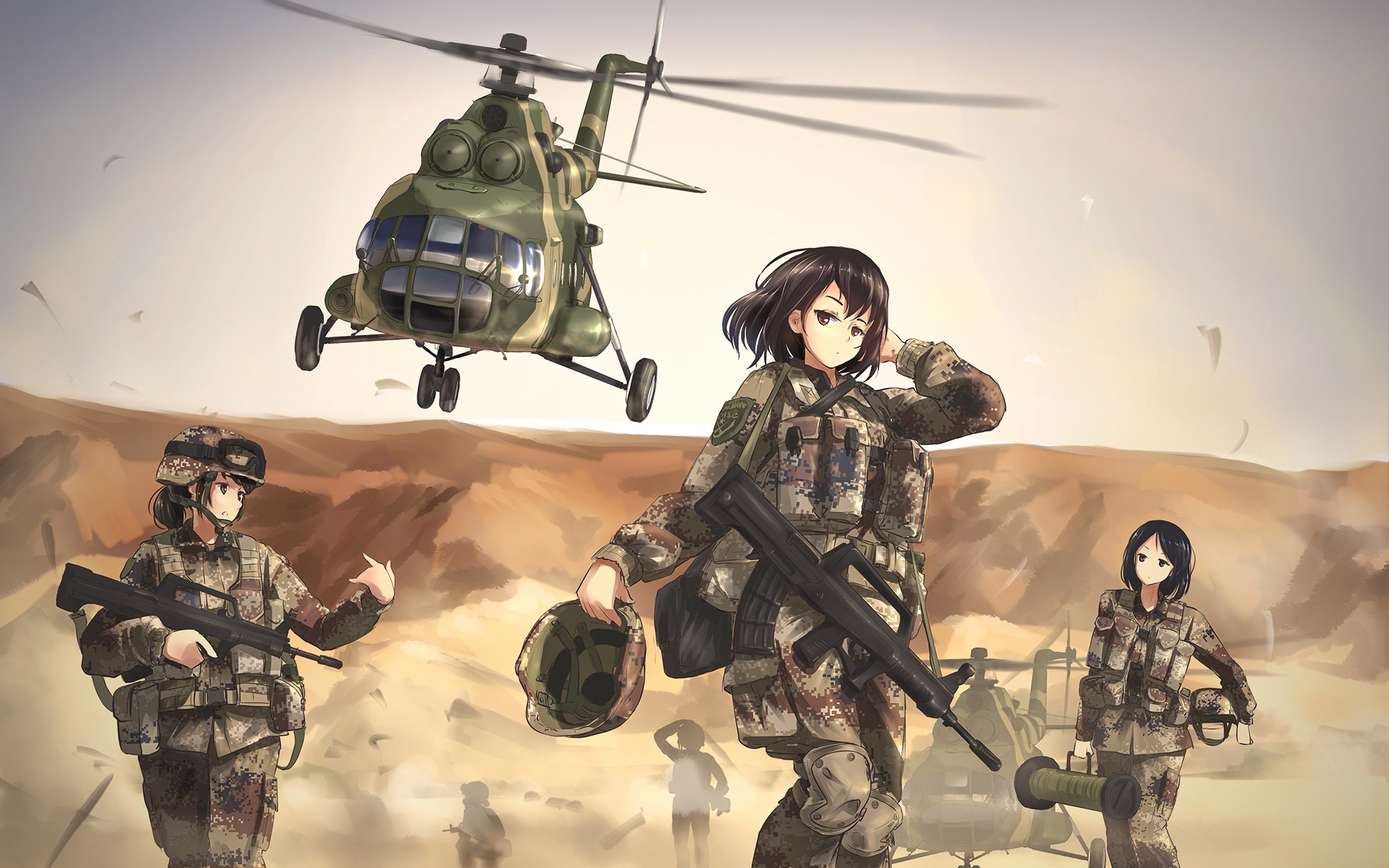 Anime soldiers with helicopter in desert HD Wallpaper