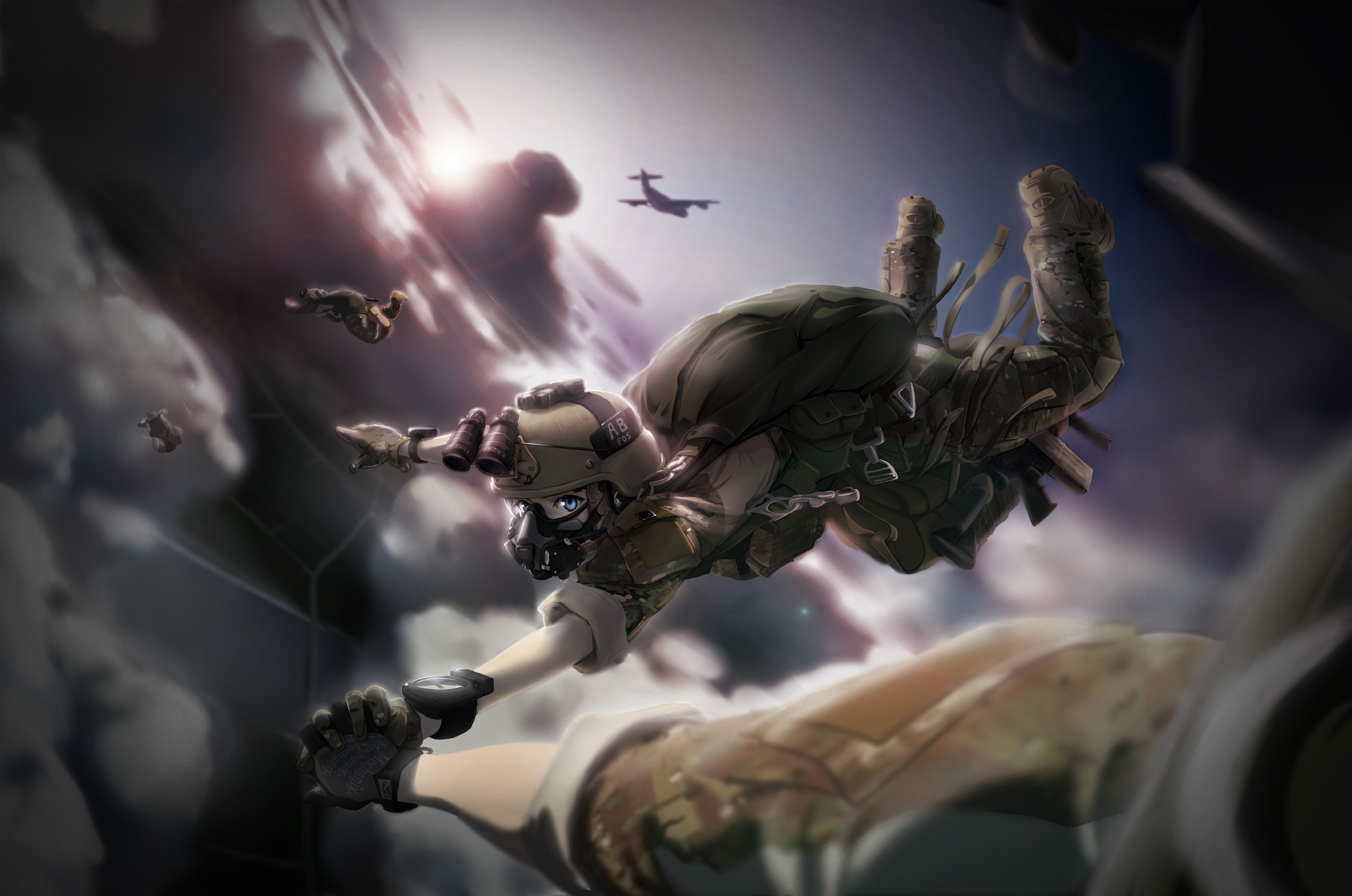 TC1995 Anime Girls Skydiving Military Mecha Scene HD Wallpaper
