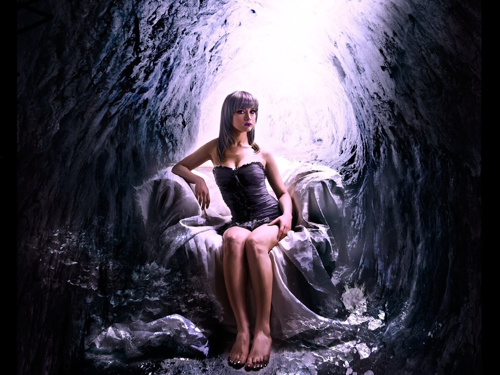 Woman sitting on a throne in a cave HD Wallpaper