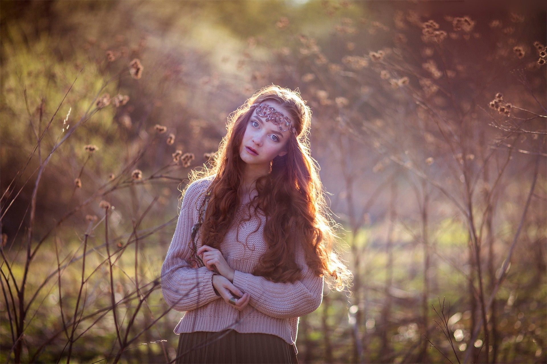 Woman with long red hair in a forest HD Wallpaper