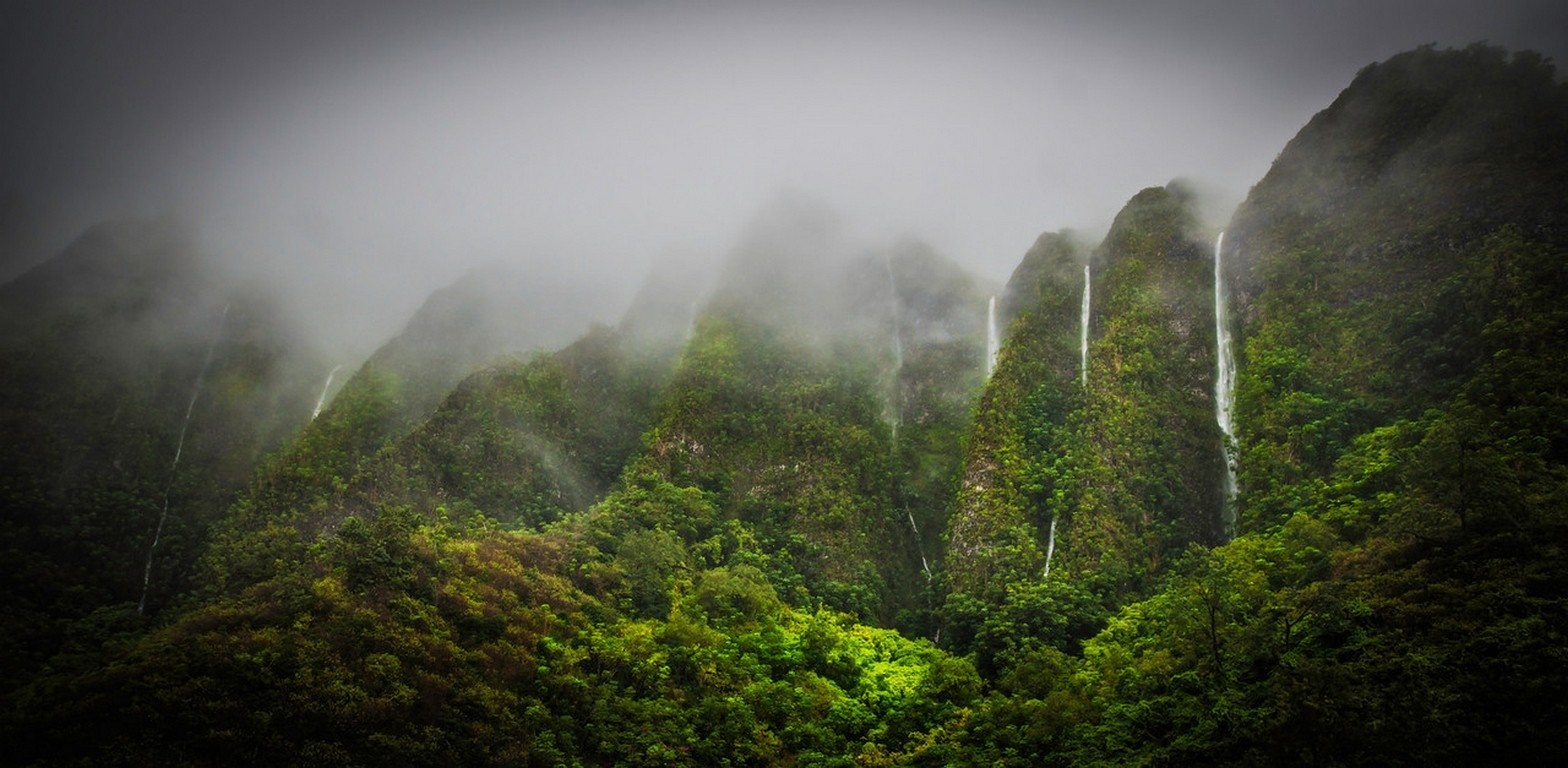 Misty mountains with waterfalls in a tropical rainforest HD Wallpaper