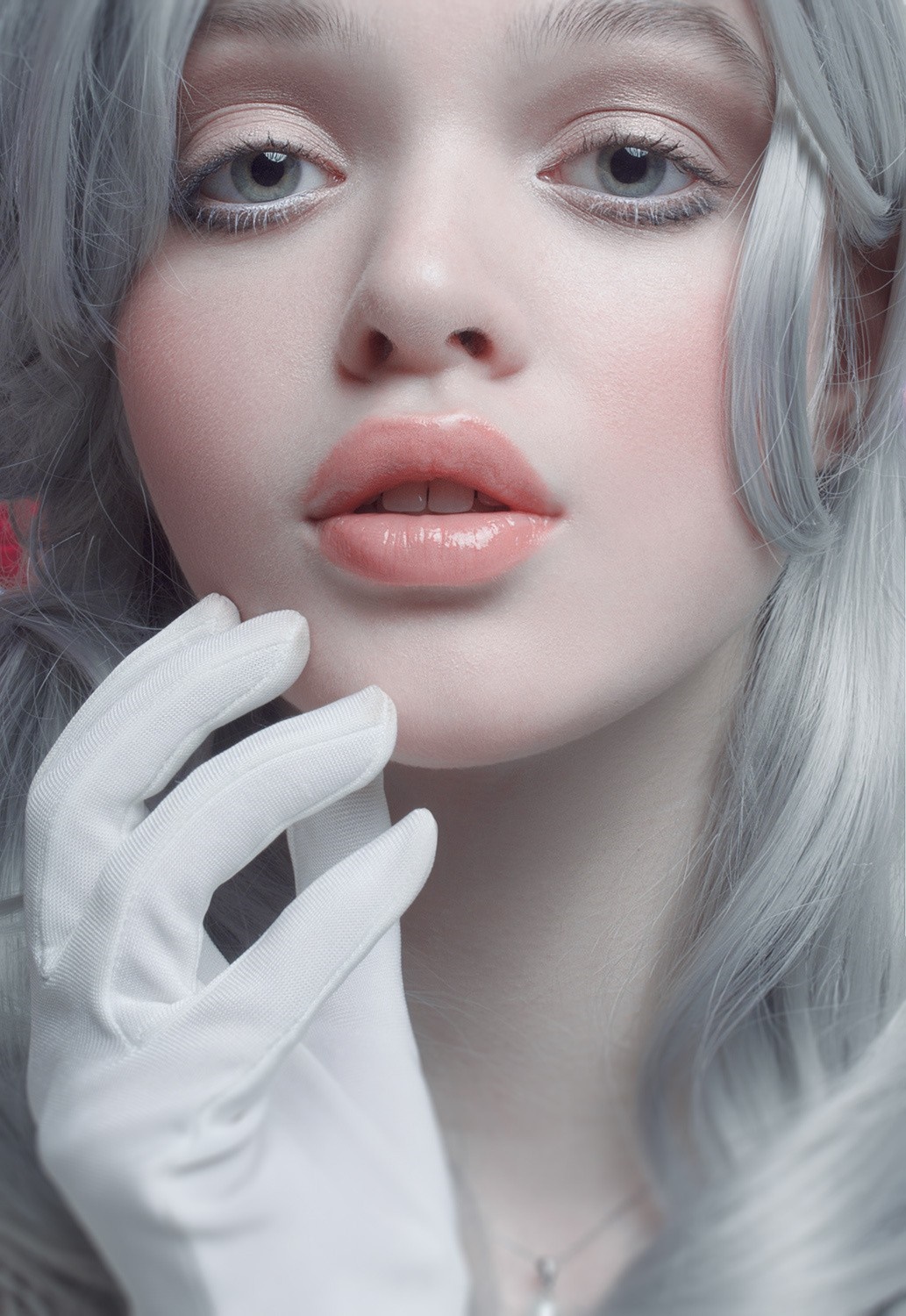 Close-up portrait of a pale model with silver hair and white gloves HD Wallpaper