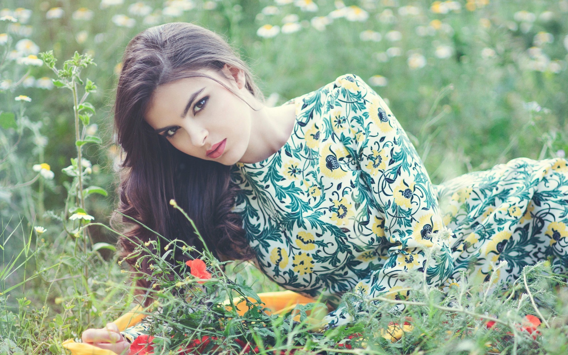 Woman in a floral dress lying in a meadow HD Wallpaper