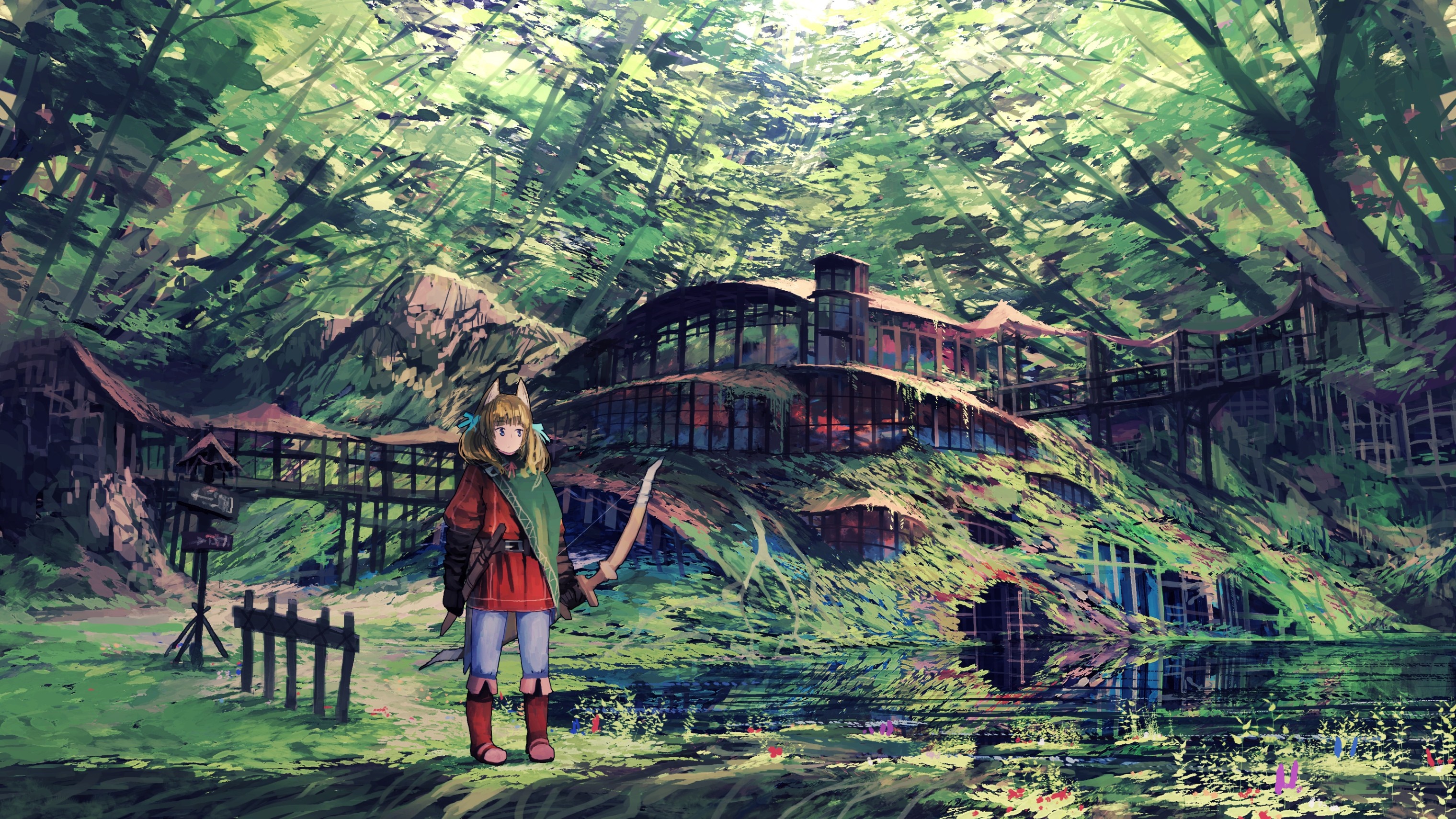 Anime girl with animal ears and bow in a forest HD Wallpaper