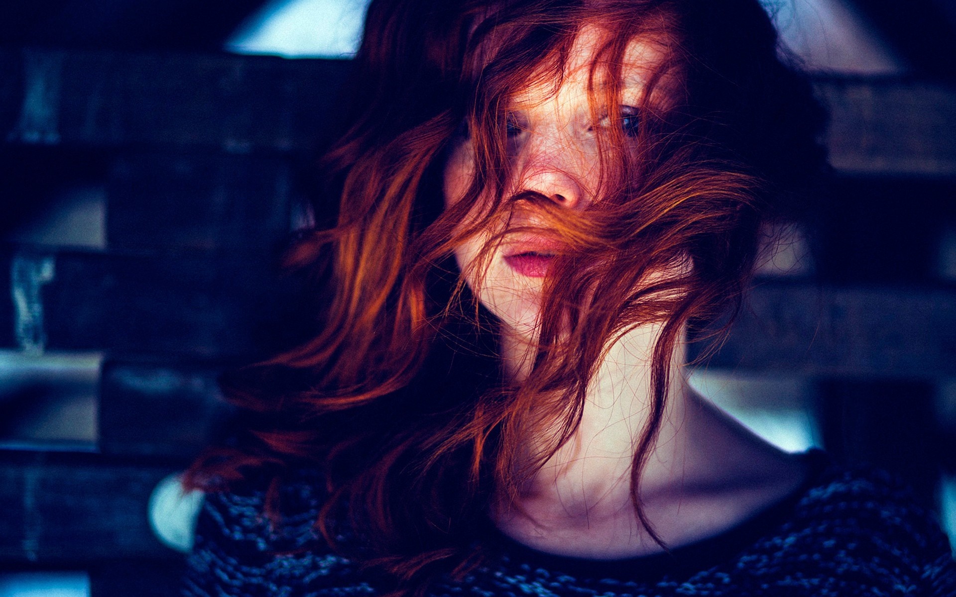 Redhead woman with hair covering her face HD Wallpaper