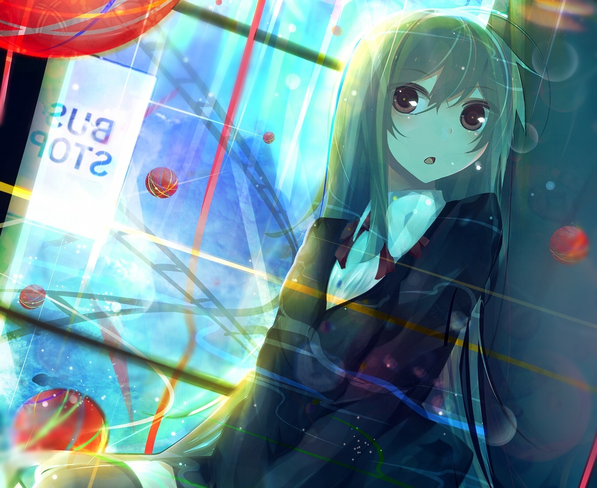 Anime girl at a bus stop with colorful lights HD Wallpaper