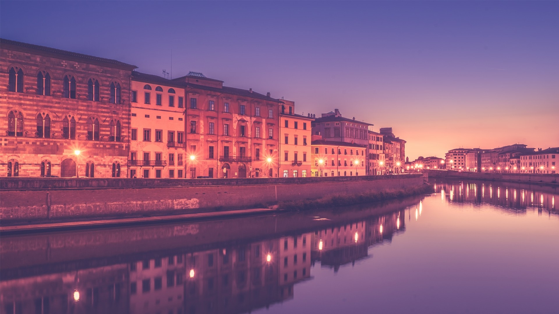Cityscape with river at sunset HD Wallpaper