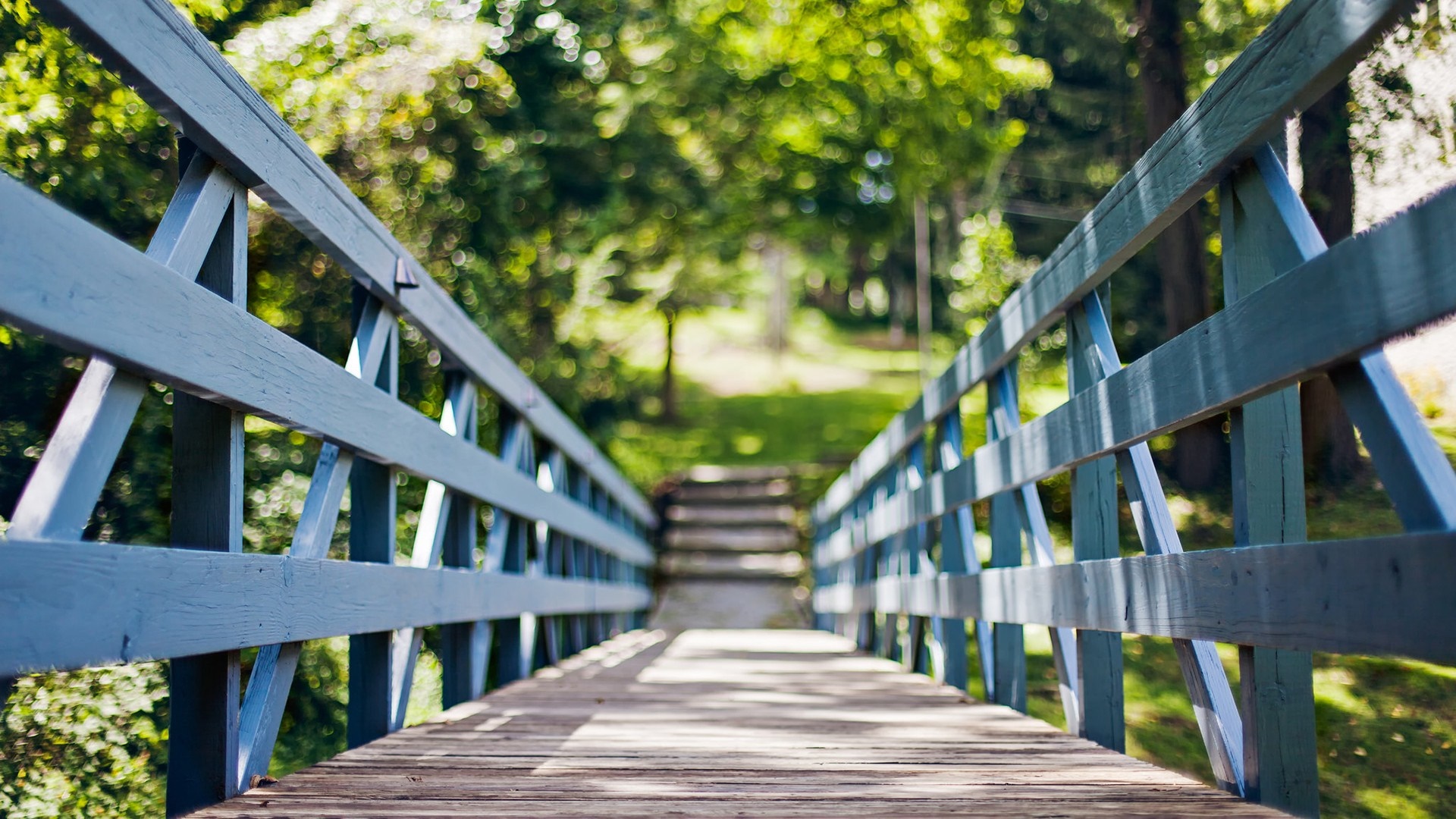 Wooden bridge with blue railings in a park HD Wallpaper