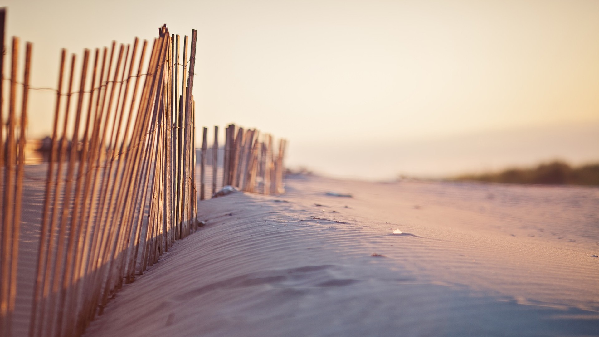 Wooden fence on a sandy beach at sunset HD Wallpaper