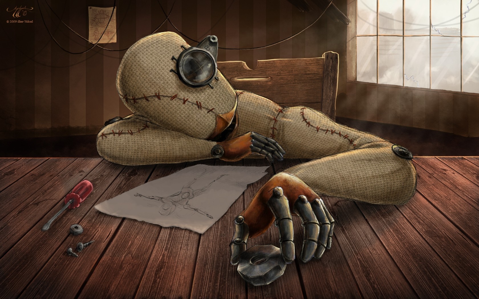 Doll parts and tools on a wooden table HD Wallpaper