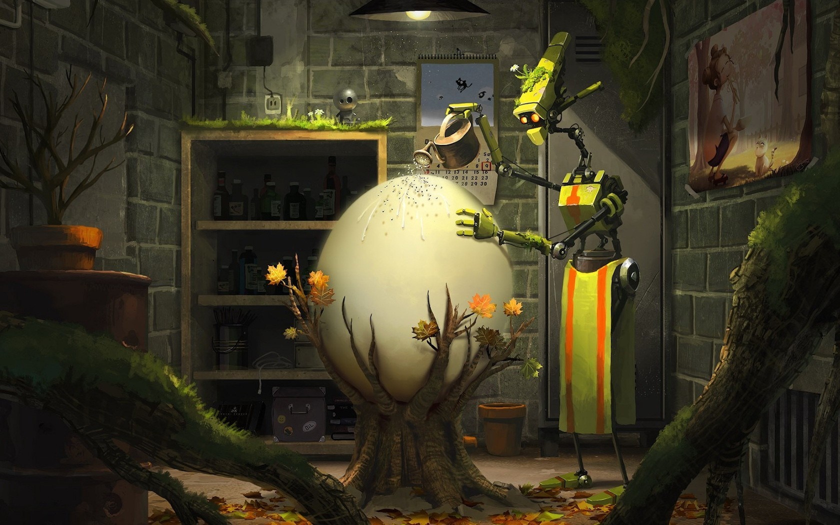Robot watering a giant egg in a dark room HD Wallpaper