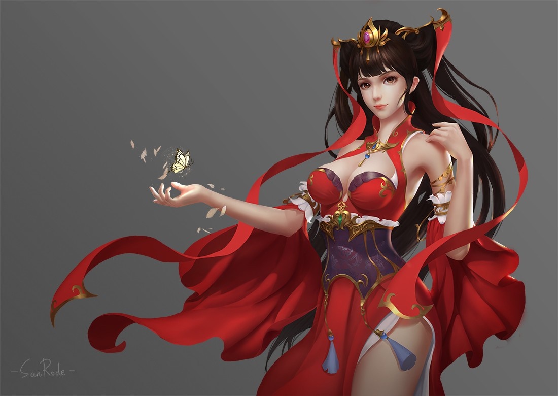 Anime girl in red dress with butterfly HD Wallpaper