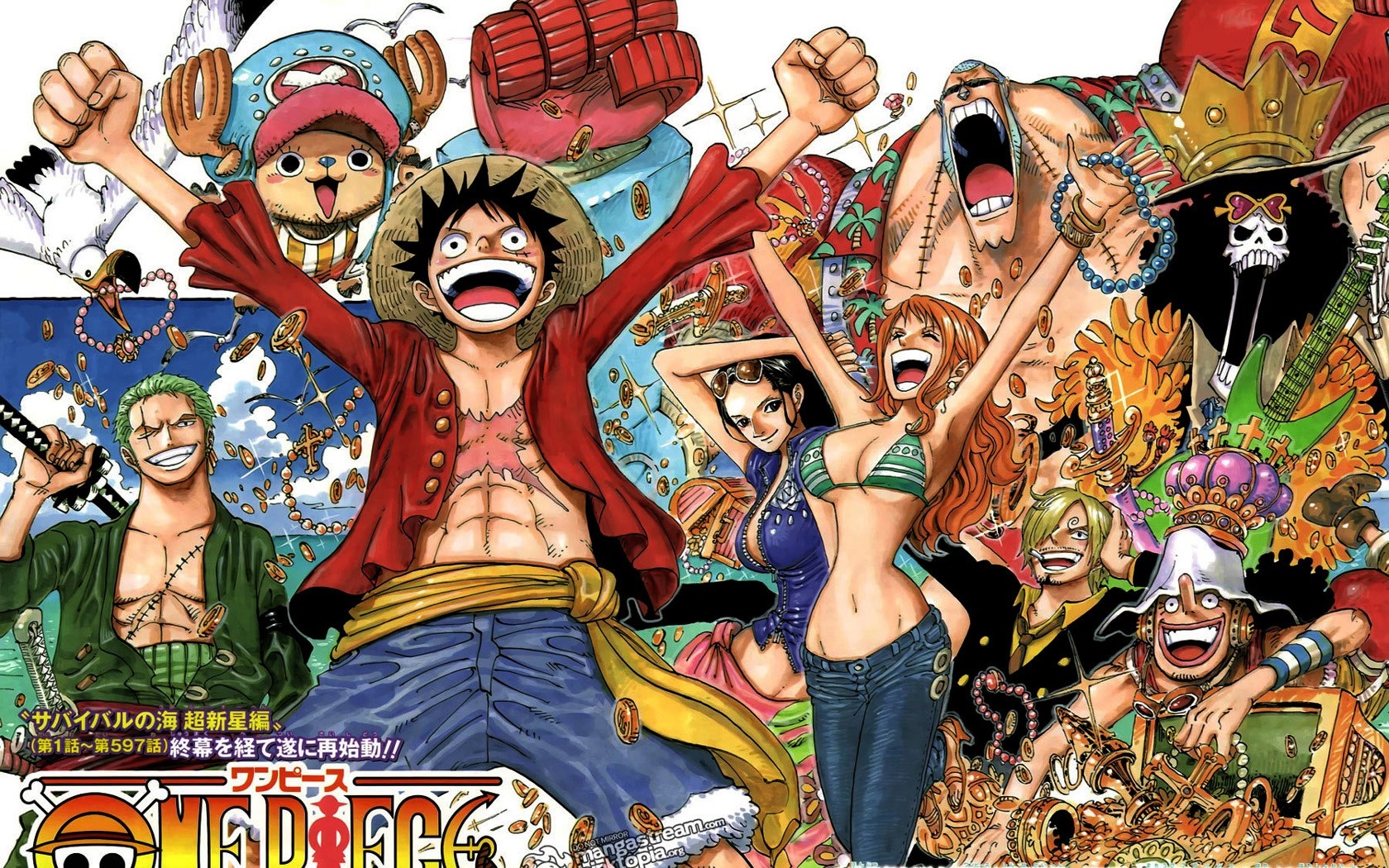 Serviette De Plage One Piece – Licorne (Luffy, Roronoa, Usopp, Nami) – 100% Coton, 70 X 140 Cm
