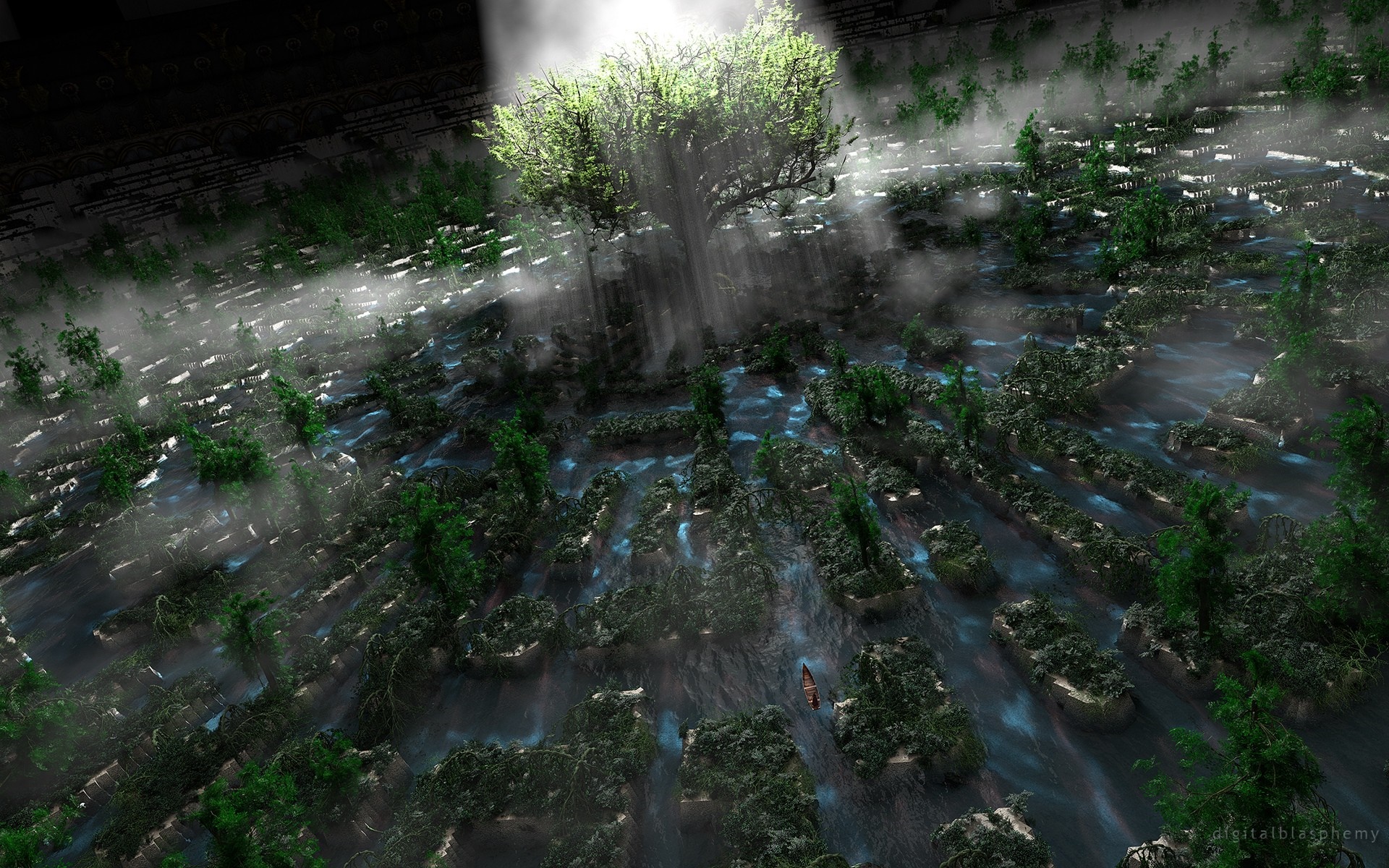 A surreal forest with a giant tree and waterways HD Wallpaper