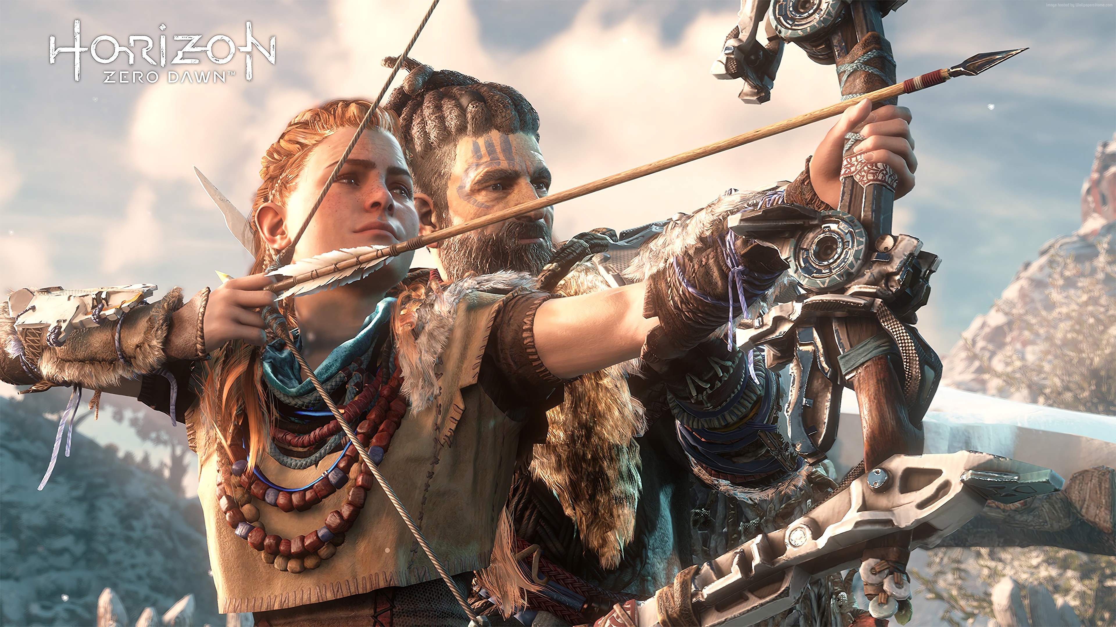 Aloy and Erend from Horizon Zero Dawn aiming bows HD Wallpaper