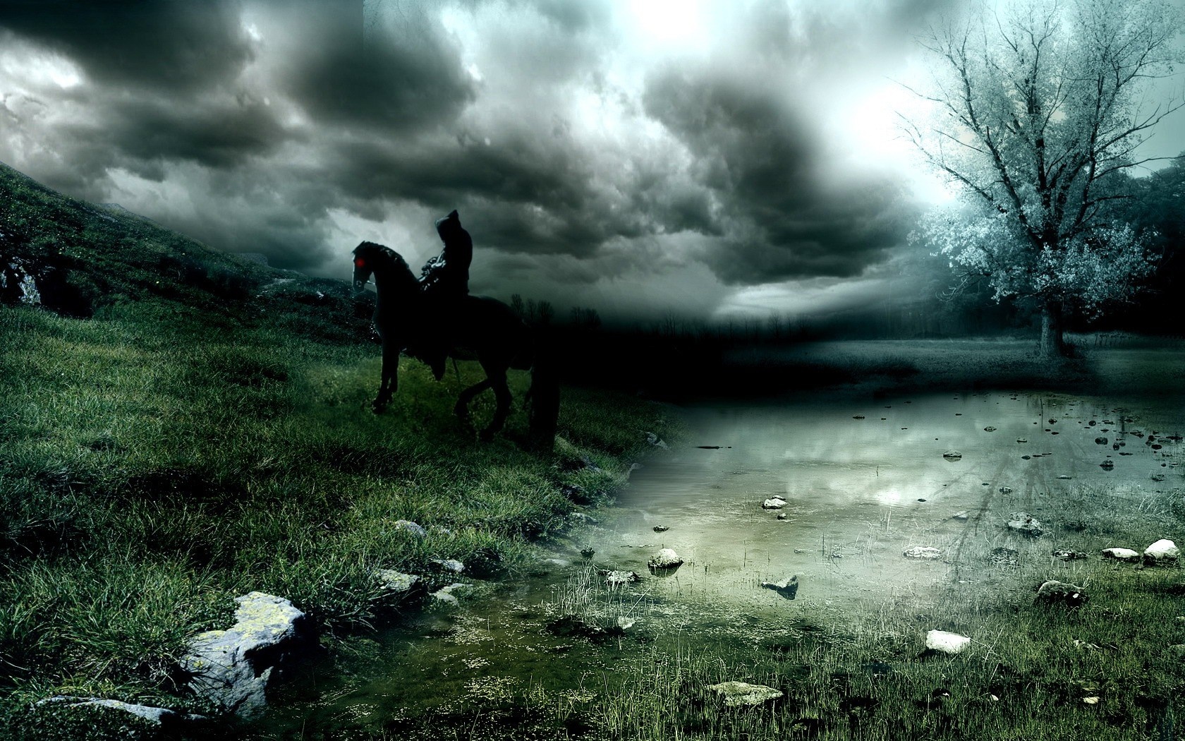 Dark fantasy landscape with a rider on a horse HD Wallpaper