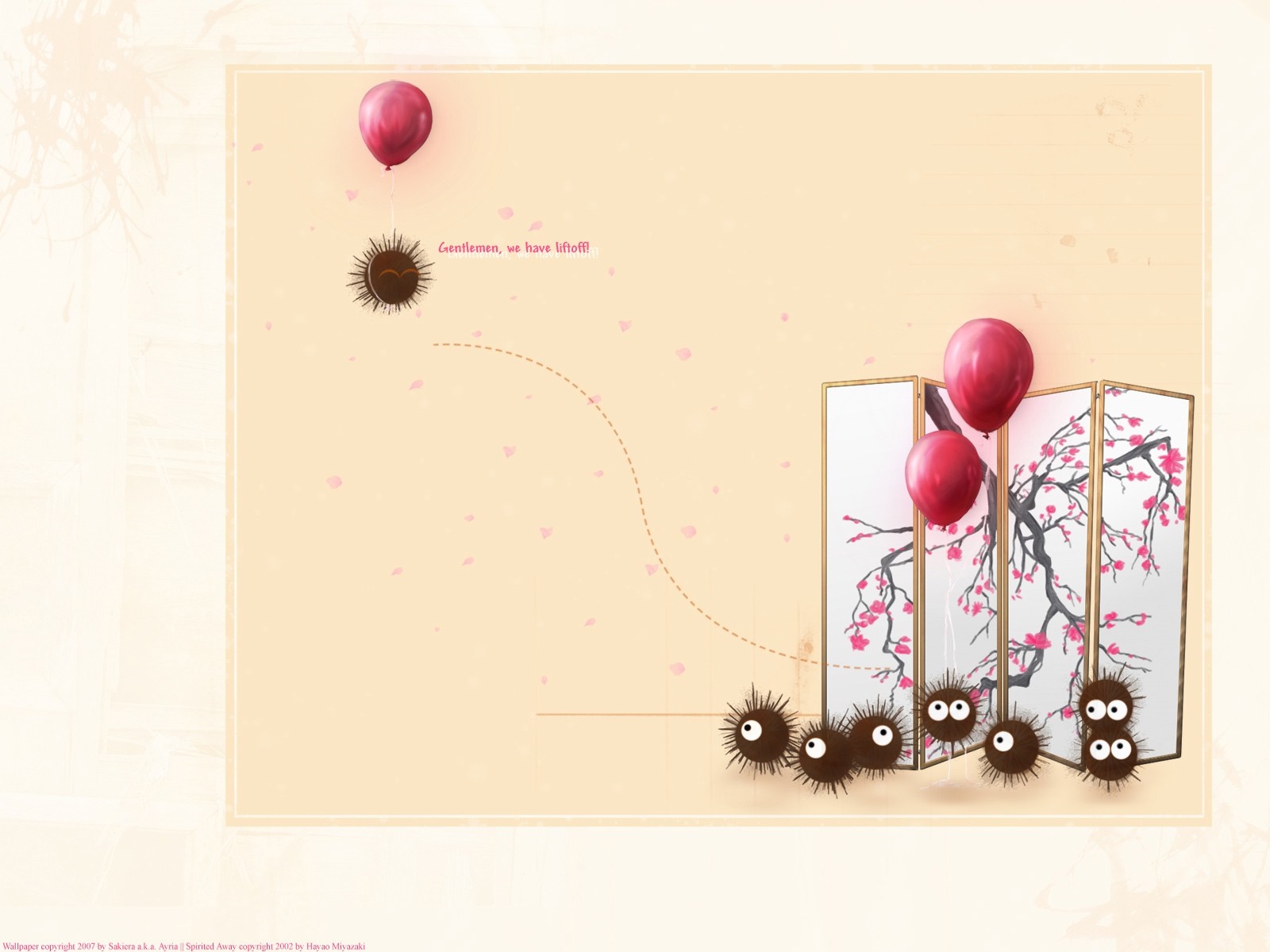 Susuwatari and Balloons with Cherry Blossom Screen HD Wallpaper