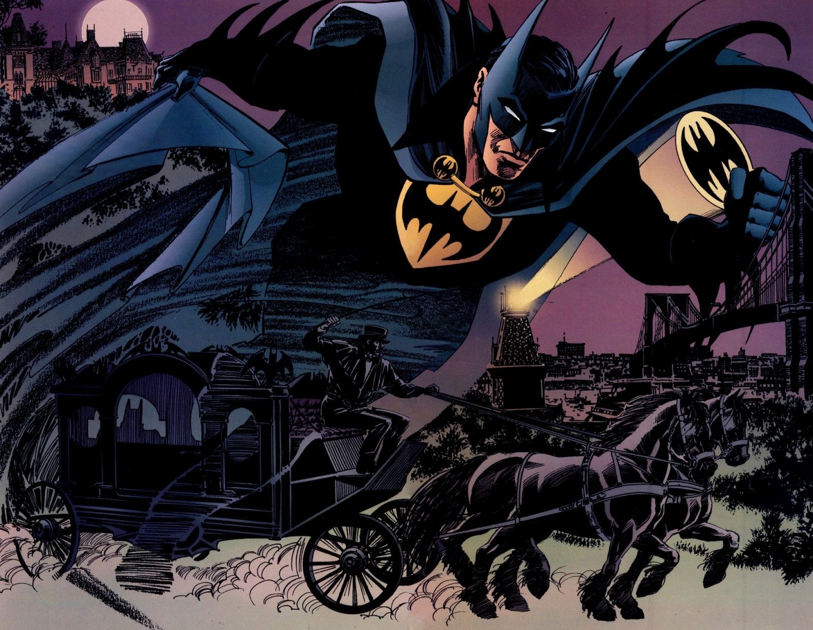 Batman flying over a carriage and city HD Wallpaper