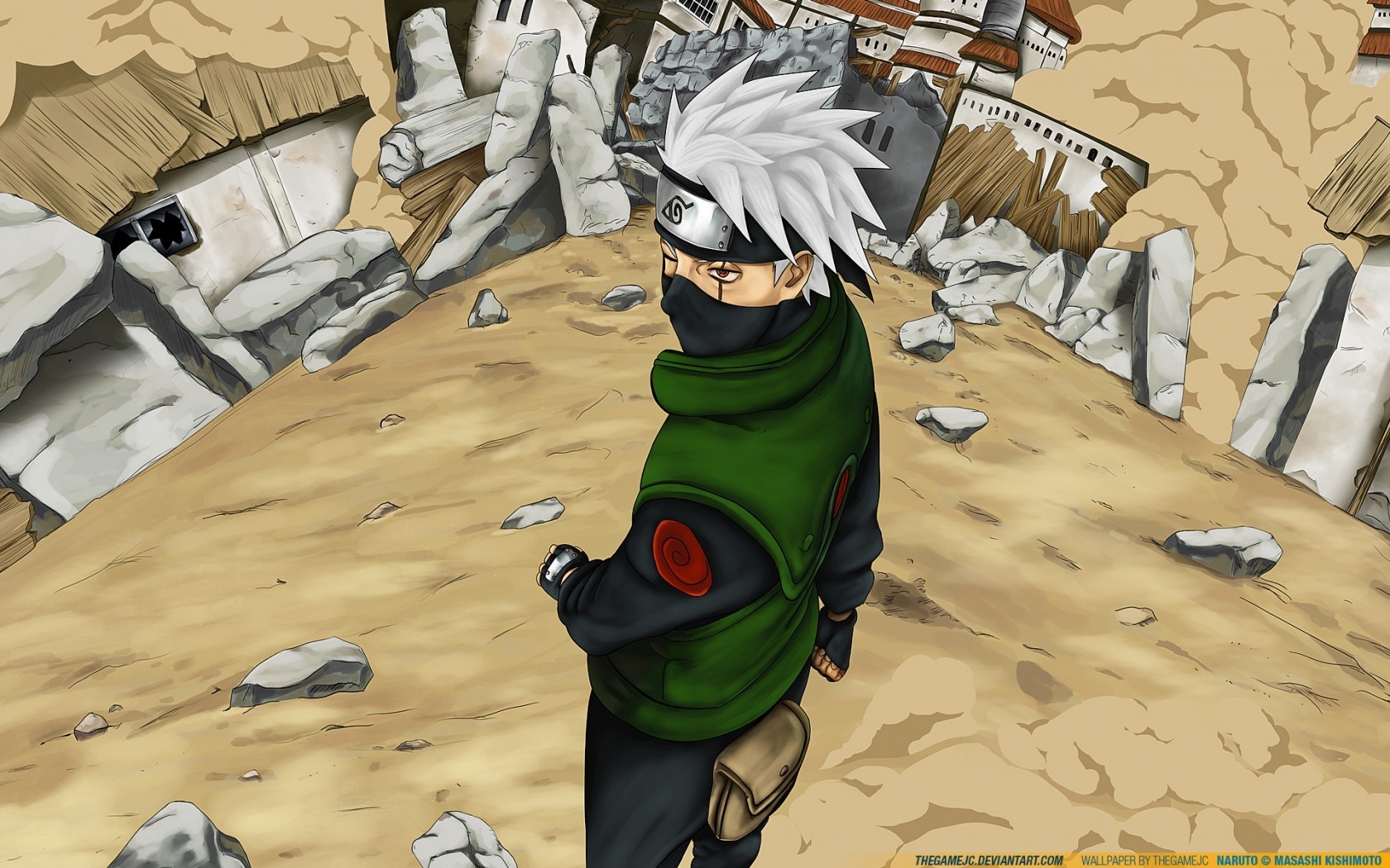 Hatake Kakashi from Naruto Shippuuden in a destroyed village HD Wallpaper