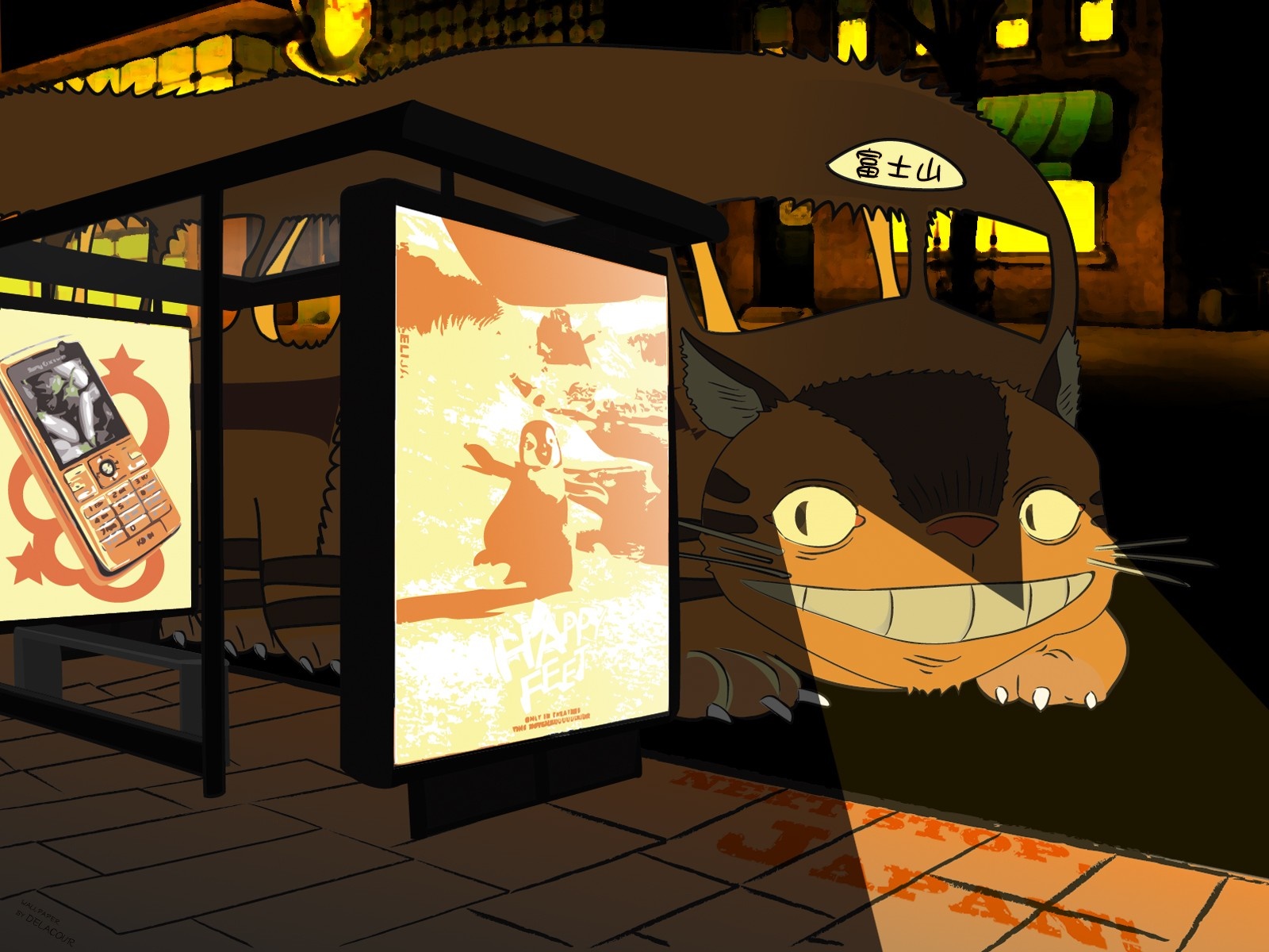 Totoro at a bus stop with advertisements HD Wallpaper
