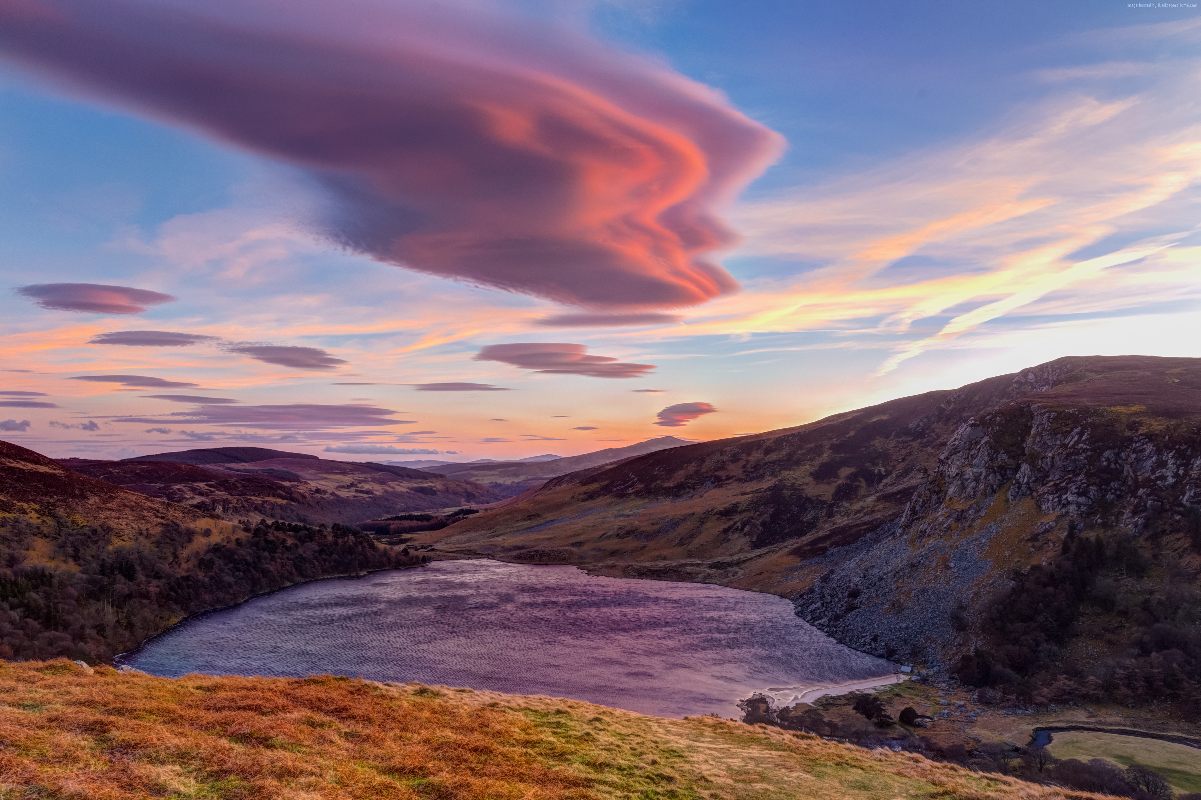 Sunset over a lake and hills HD Wallpaper