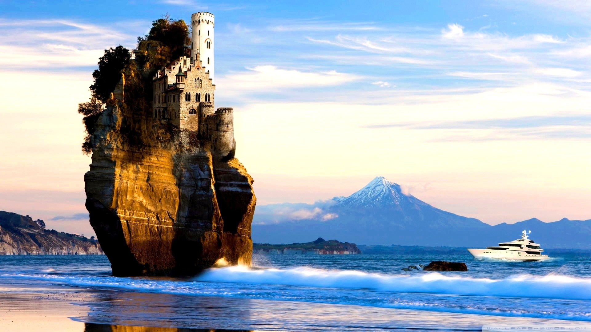 Castle on a rock formation with a yacht and snowy mountain HD Wallpaper