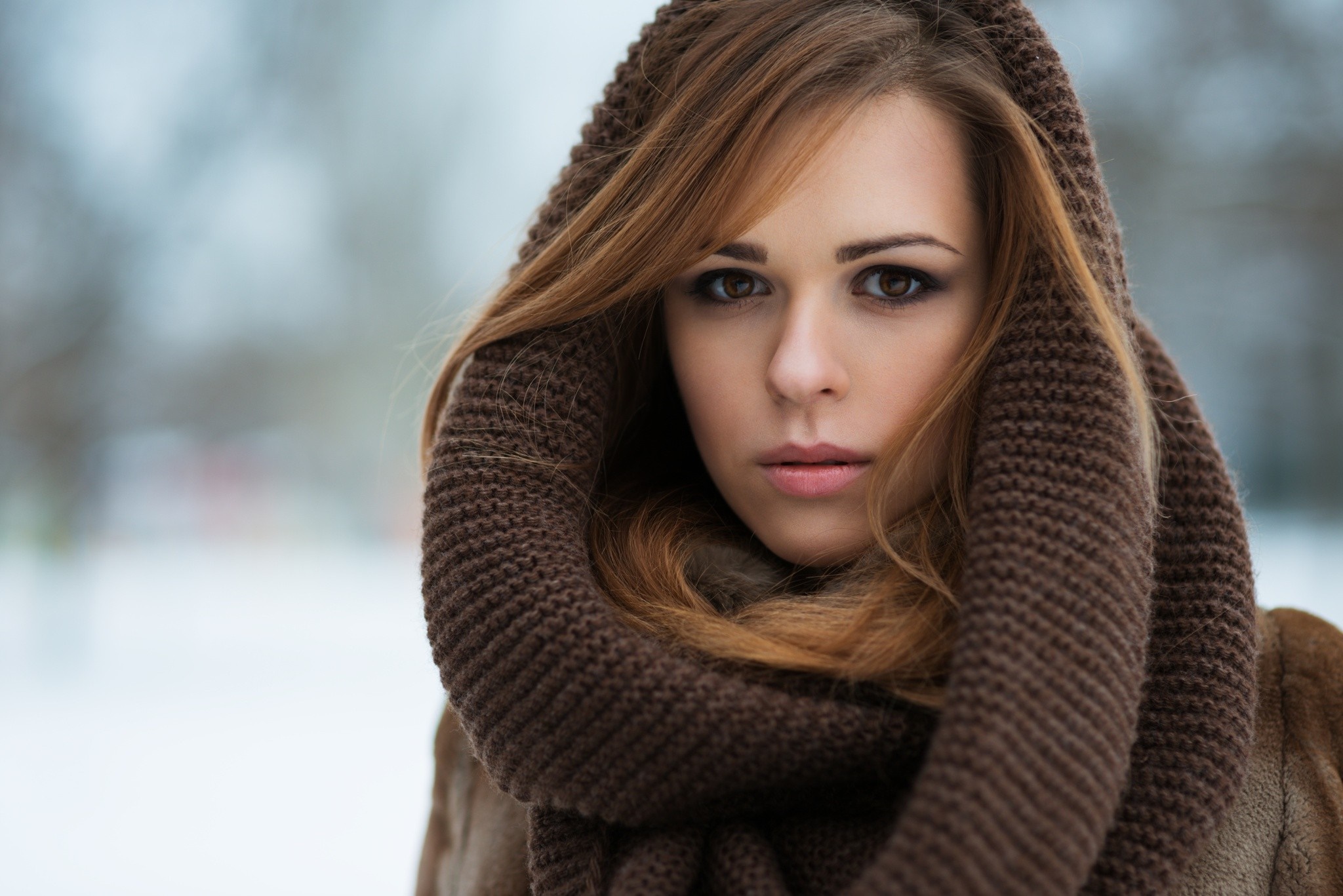 Woman with brown hair and scarf in winter HD Wallpaper