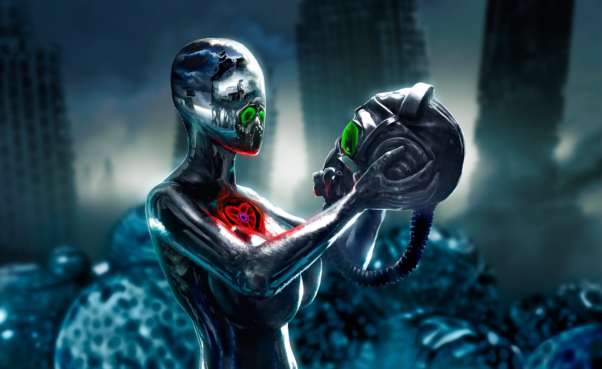 Futuristic android holding a helmet HD Wallpaper